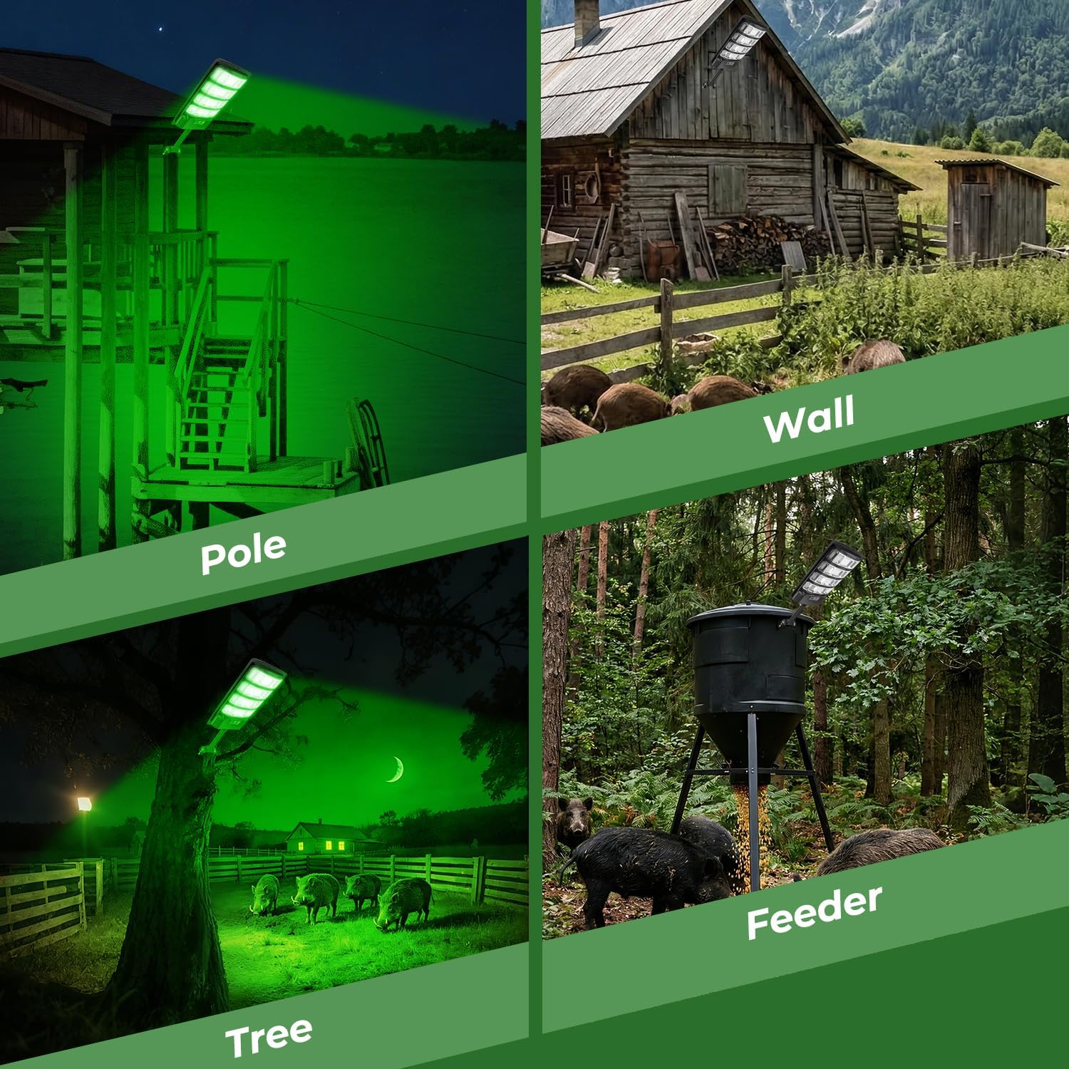 Hog Lights for Night Hunting, 20000LM Solar Hunting Green Lights Outdoor with Remote Control, Motion Sensor, Metal Bracket, Waterproof Feeder Light for Hogs, Varmint, Deer, Coyote - 4 Pack