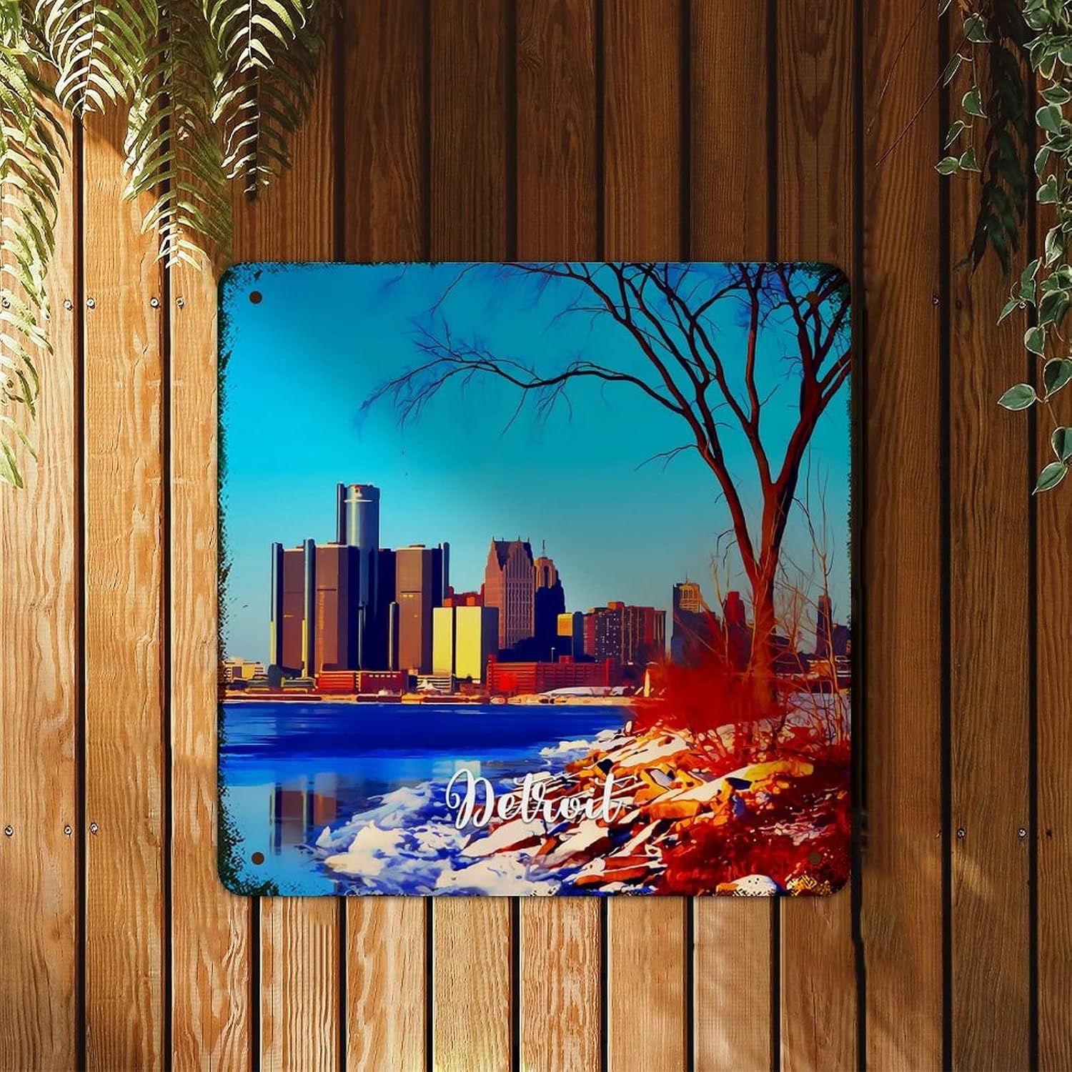 Vintage Metal Tin Sign Michigan USA Detroit Cityscape Signs Popular Country City Souvenir Wall Art Rustic Wall Decor for Bedroom Cafe Bar Office Garage 10x10 inch image 4