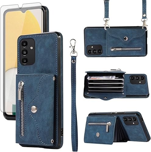 Asuwish Funda para teléfono Samsung Galaxy A13 5G con correa cruzada para la muñeca, cordón para tarjeta de crédito, soporte de cuero para celular