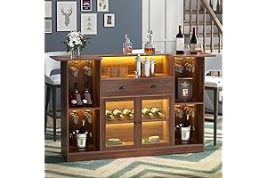 Loomie Bar Table Cabinet with LED & Drawer, 8-Tier Alcohol Bar Stand...