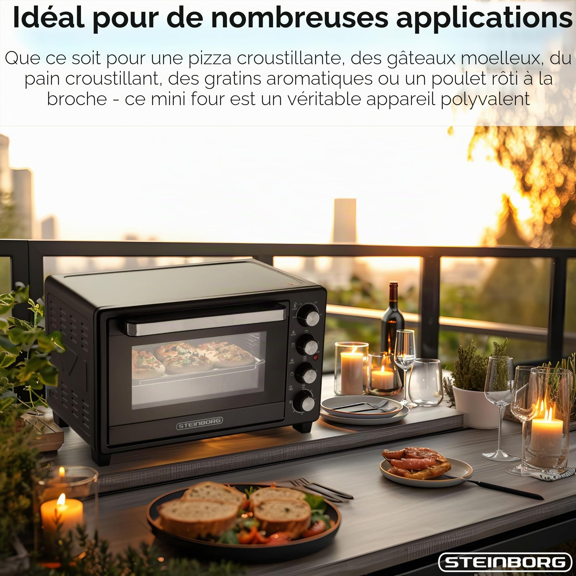 Steinborg Mini four de 35 l avec chaleur tournante et tournebroche - Plaque ramasse-miettes - Chaleur supérieure et inférieure - 1600 W - Avec minuteur - Petit four autonome - Réglage en continu de la