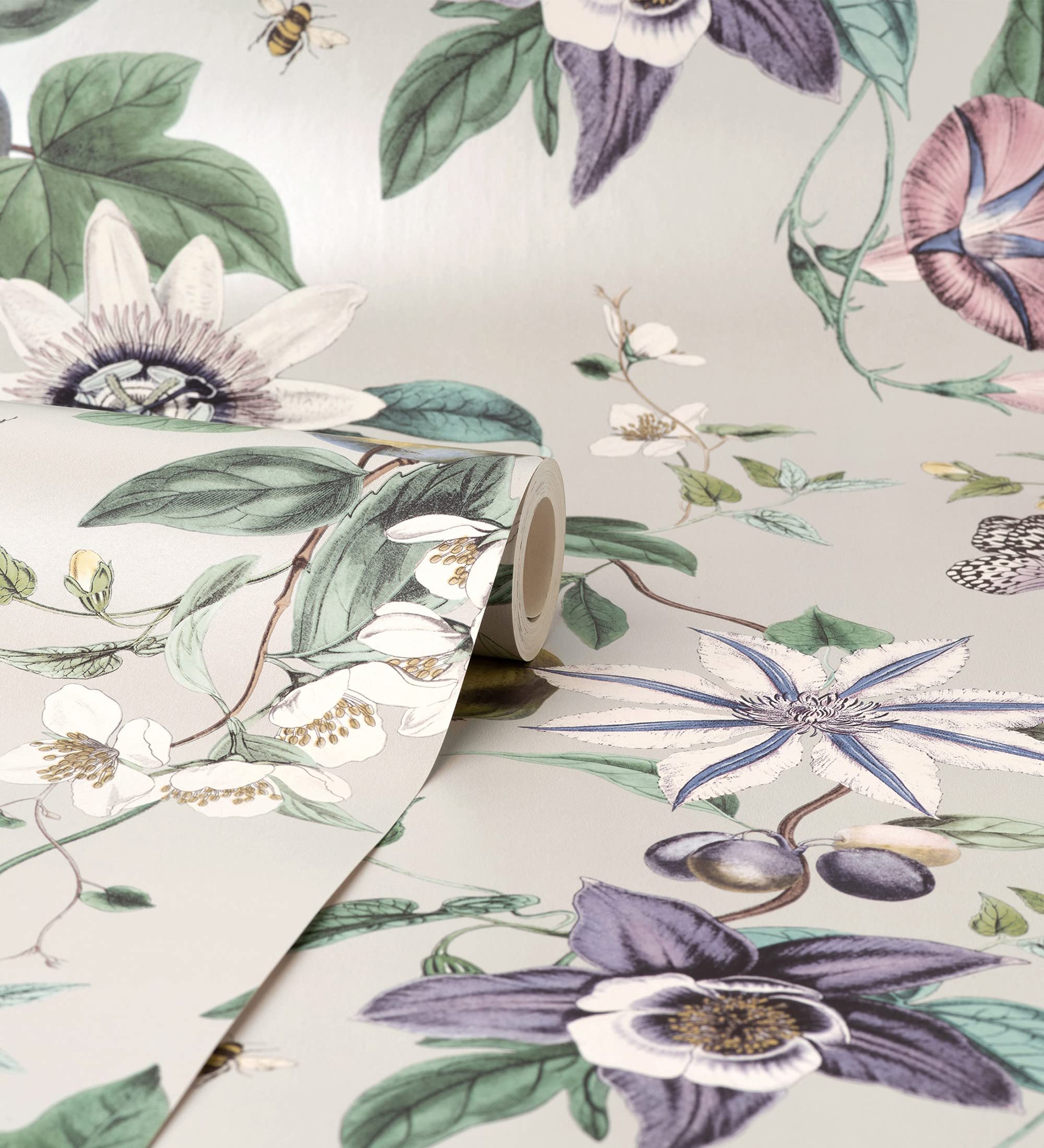 GAULAN 681966 - Papel pintado de flores y frutos fondo nácar beige para pared salón dormitorio pasillo comedor - Rollo de 10 m x 0,52 m