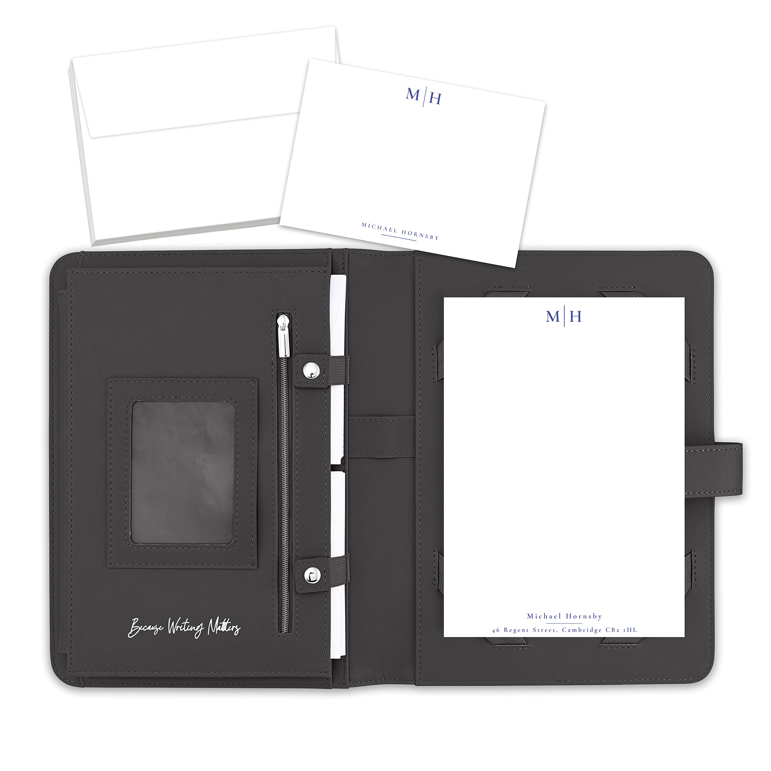 Me Loovely Classic Design Personalised Stationery Gift Set with Flat Notecards Letter Writing Paper and Envelopes | (20 Letters, 10 Cards & 30 Envelopes with Black Organiser)
