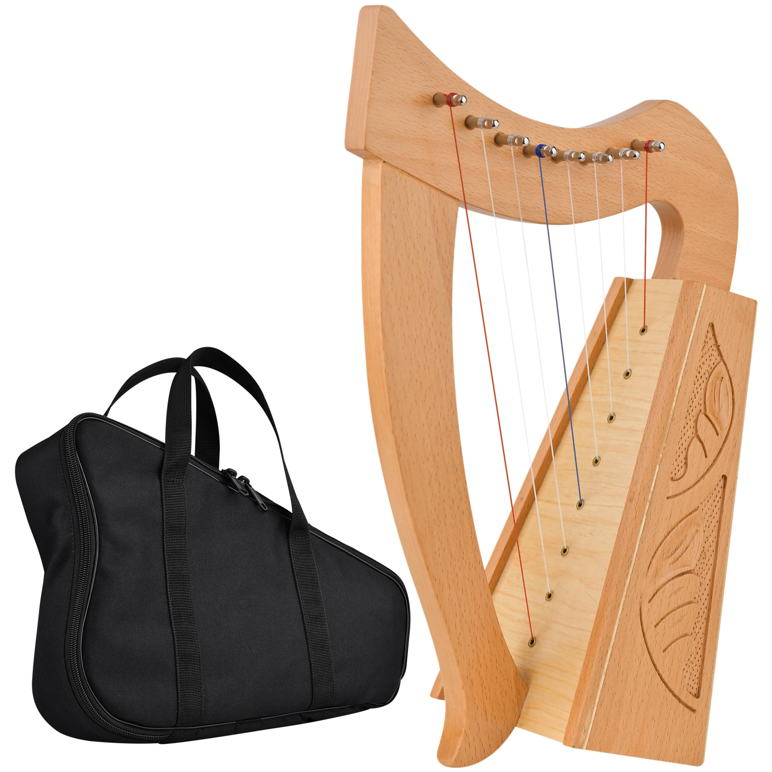 Mini Keltische Harfe 8-saitig | Massives Buchenholz Handgefertigte Folk Harfe mit 3D-Schnitzerei & natürlichem Finish - Tragbares keltisches Instrument für Anfänger & Profis