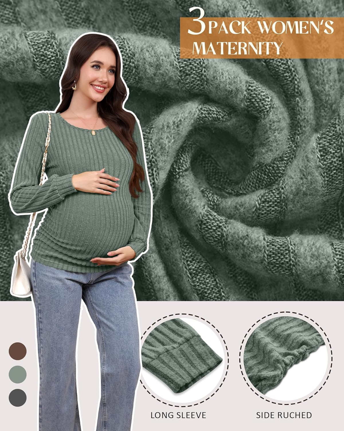 3 Pack Women's Maternity Shirts Ribbed Long Sleeve Tops Pregnancy Sweaters Crew Neck Knit Side Ruched Tunic Tees - Image 5