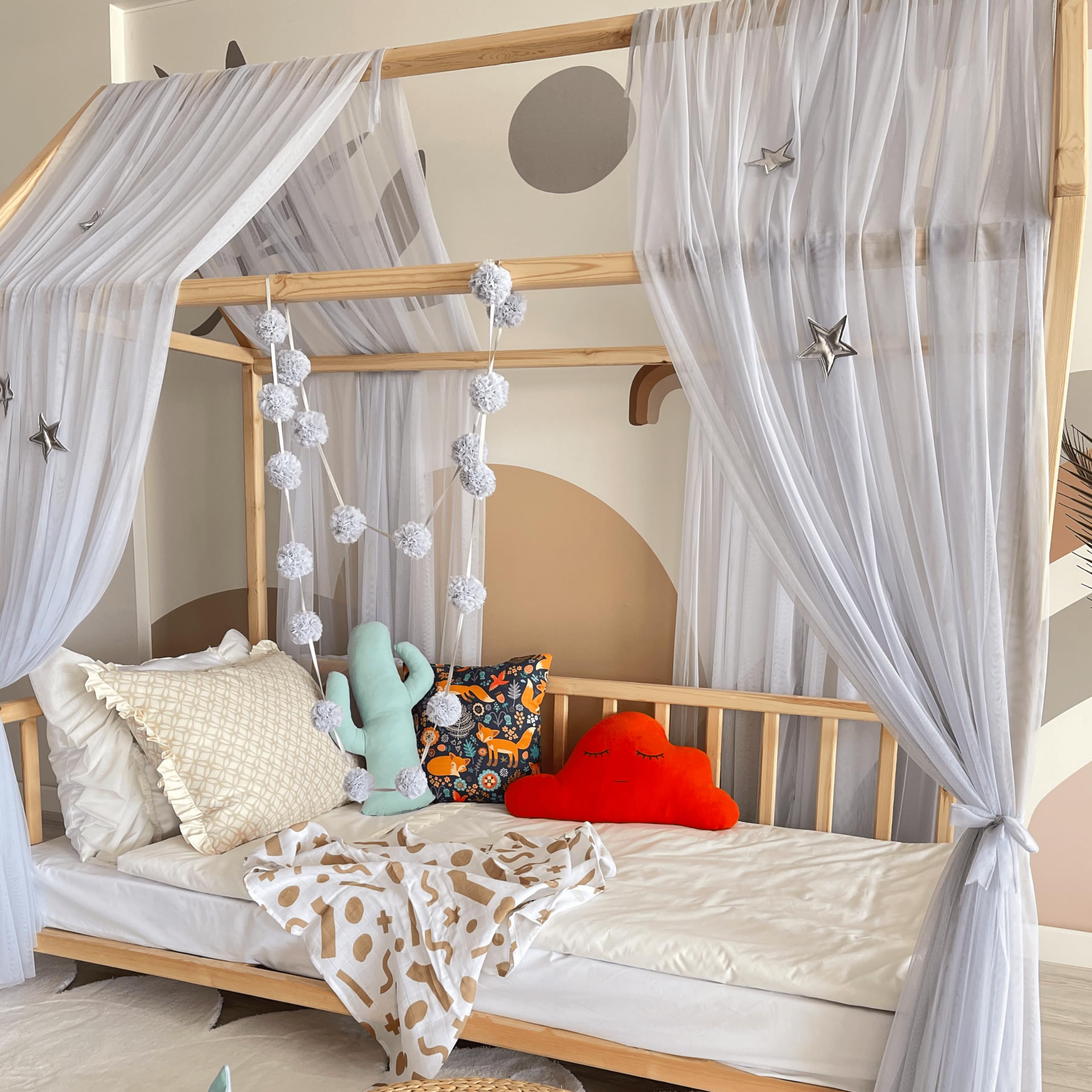 Ciel De Lit Maison En Tulle - Baldaquin Enfant Avec Guirlande Pompons Et Papillons Dorés - Lila, 340cm