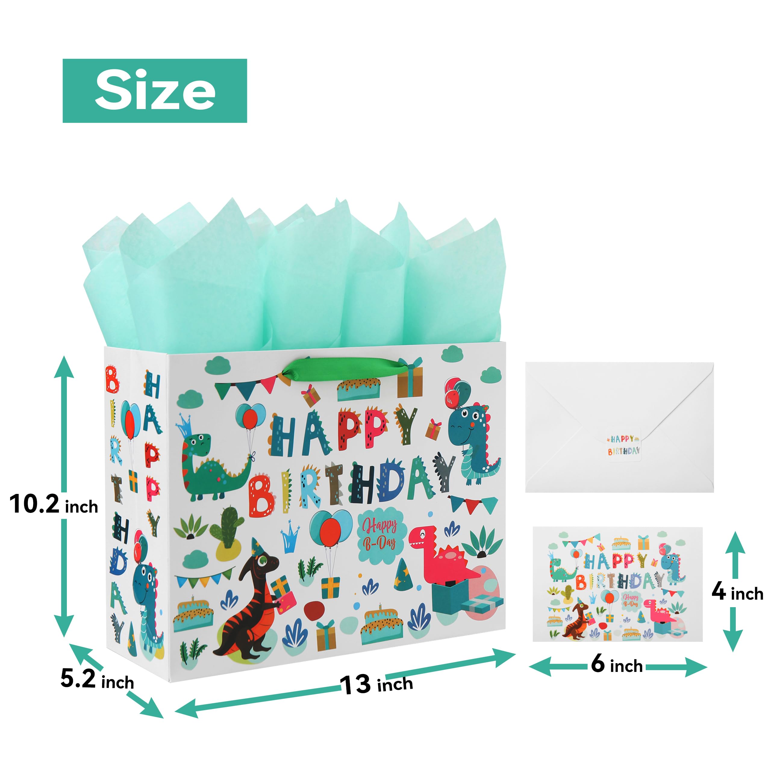 Duża biała torba na prezent 33 cm (dinozaur i wszystkiego najlepszego) na imprezy dla dziewcząt lub dzieci, baby shower, dziewczynki, noworodki, nowe mamy lub rodzice, 33 x 13 x 25 cm, 1 szt