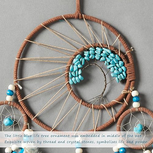 Miniatura 3 de Pretty Jolly Atrapasueños grandes de plumas marrones y azules, decoración de pared con chakras, árbol de la vida, adorno de piedra de cristal hecho