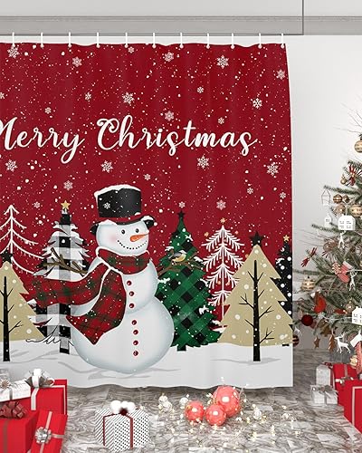 Cortina de ducha de Navidad con muñeco de nieve rojo, verde y negro a cuadros, cortinas de ducha para bañobañera, juego de cortina de ducha de tela