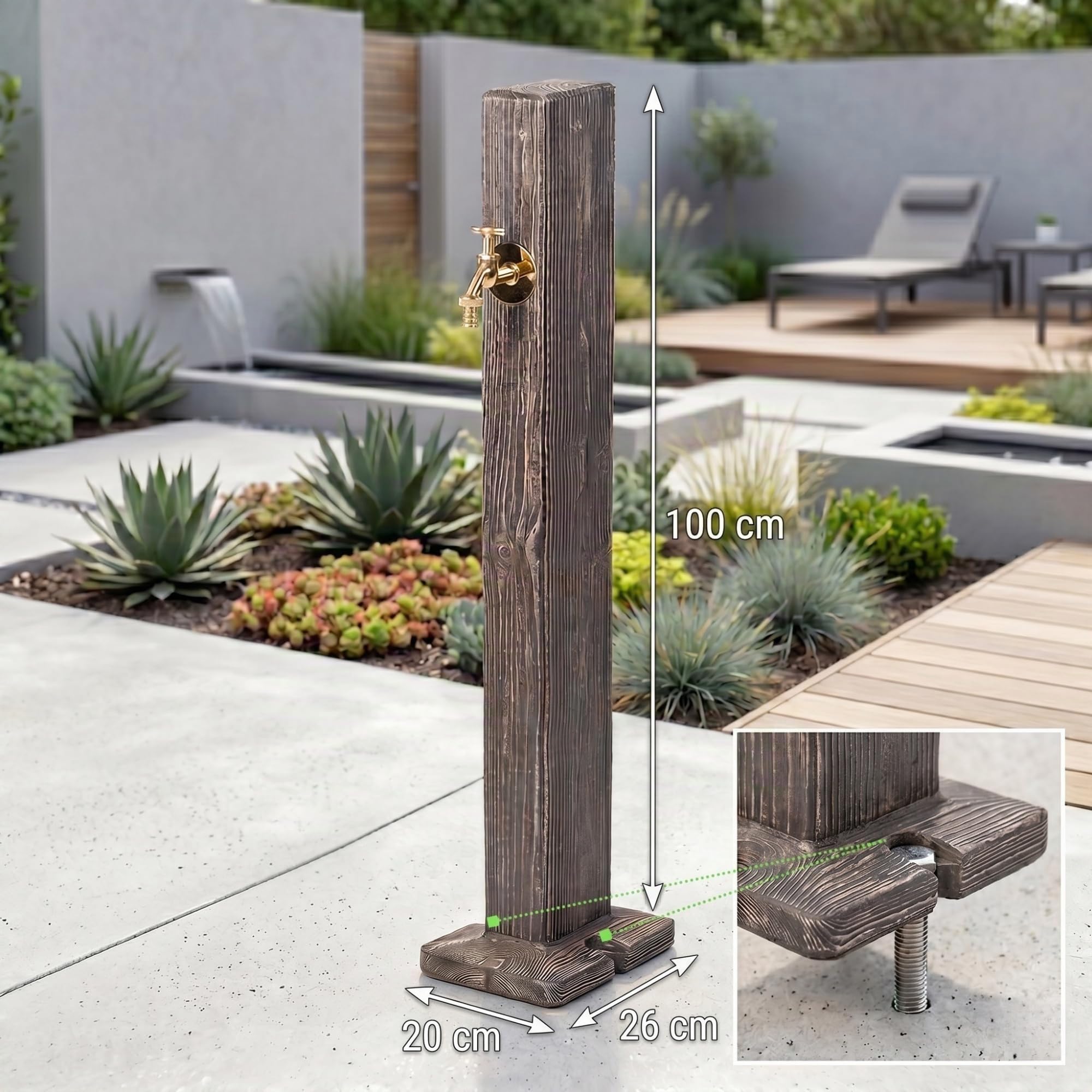 YourCasa Forest Wassersäule Garten Holz-Optik | Wasserzapfsäule mit Wasserhahn 100 cm Standbrunnen Zapfstelle Außenbereich Witterungsbeständig Frostsicher UV-stabil
