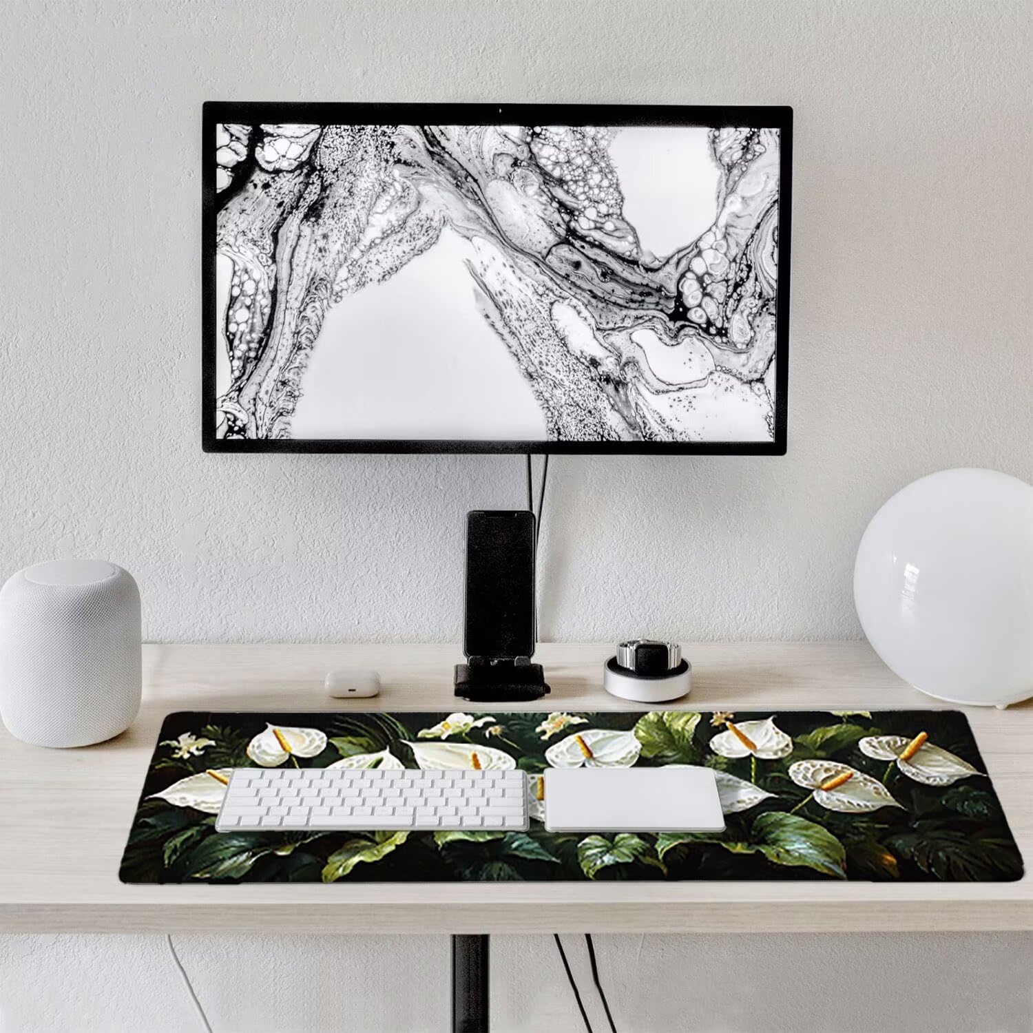 Podkładka pod mysz do gier XXL duża mysz 1200 x 500 mm, duża podkładka pod biurko z antypoślizgową gumową podstawą dla graczy, poprawia precyzję i szybkość (białe kwiaty) o-25