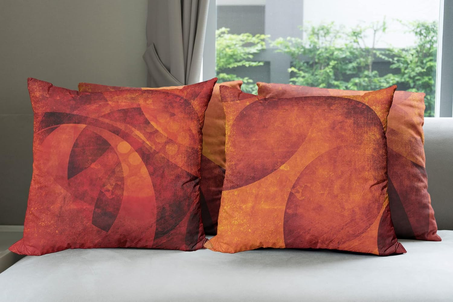 Ambesonne Burnt Orange Throw Pillow Cushion Case Pack of 4, Abstract Warm Geometric Pattern Circular Details Grunge Effect, Modern Accent Double-Sided Digital Printing, 16", Burgundy Rust and Marigold