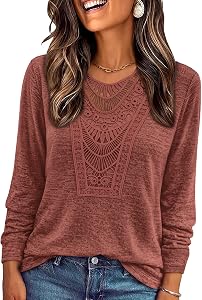 OFEEFAN Long Sleeve Shirts for Women Boho Tops Trendy Blouses Dressy Casual