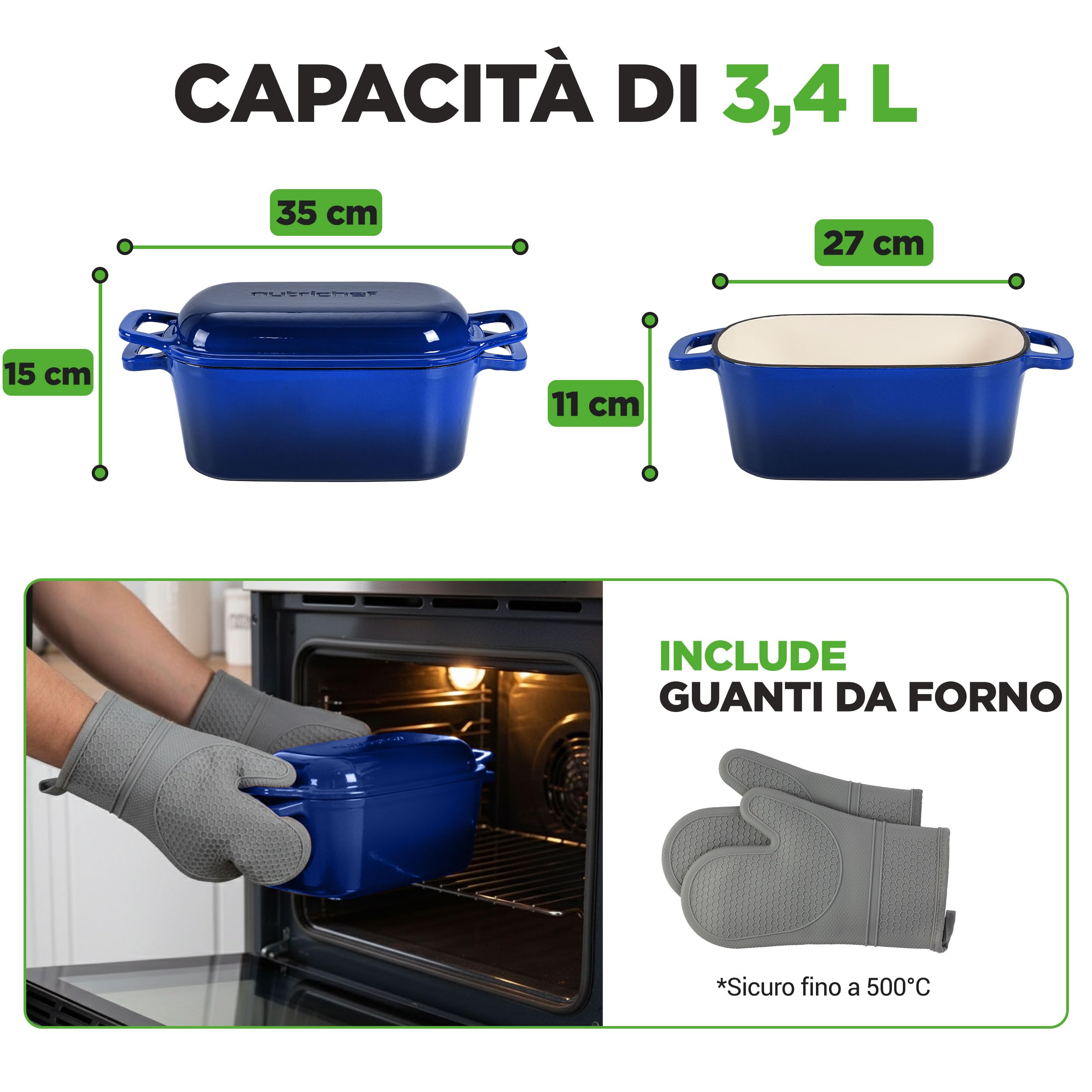 NutriChef Teglia per Pane in Cassetta 25 cm in Ghisa Smaltata con Coperchio e Guanti in Silicone, Stampo Pane in Cassetta Resistente al Forno 260 °C, per Cosce di Pollo, Spezzatino di Manzo, Lasagna