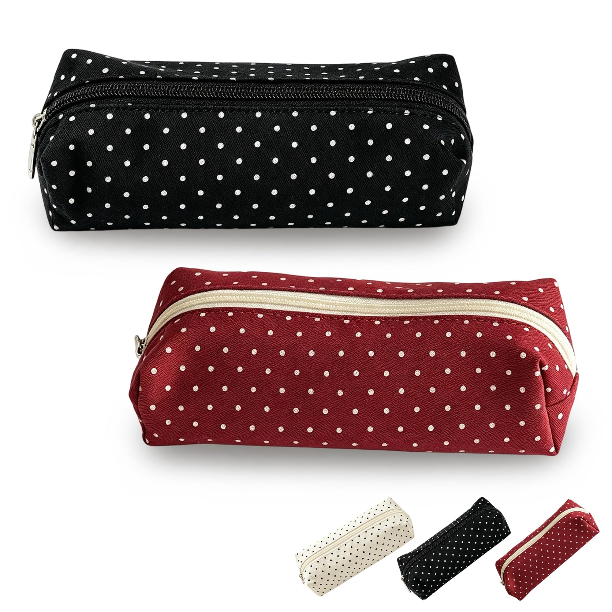 Cute Polka Dot Pencil Case Aesthetic Pencils Pouch (Black+Burgundy)