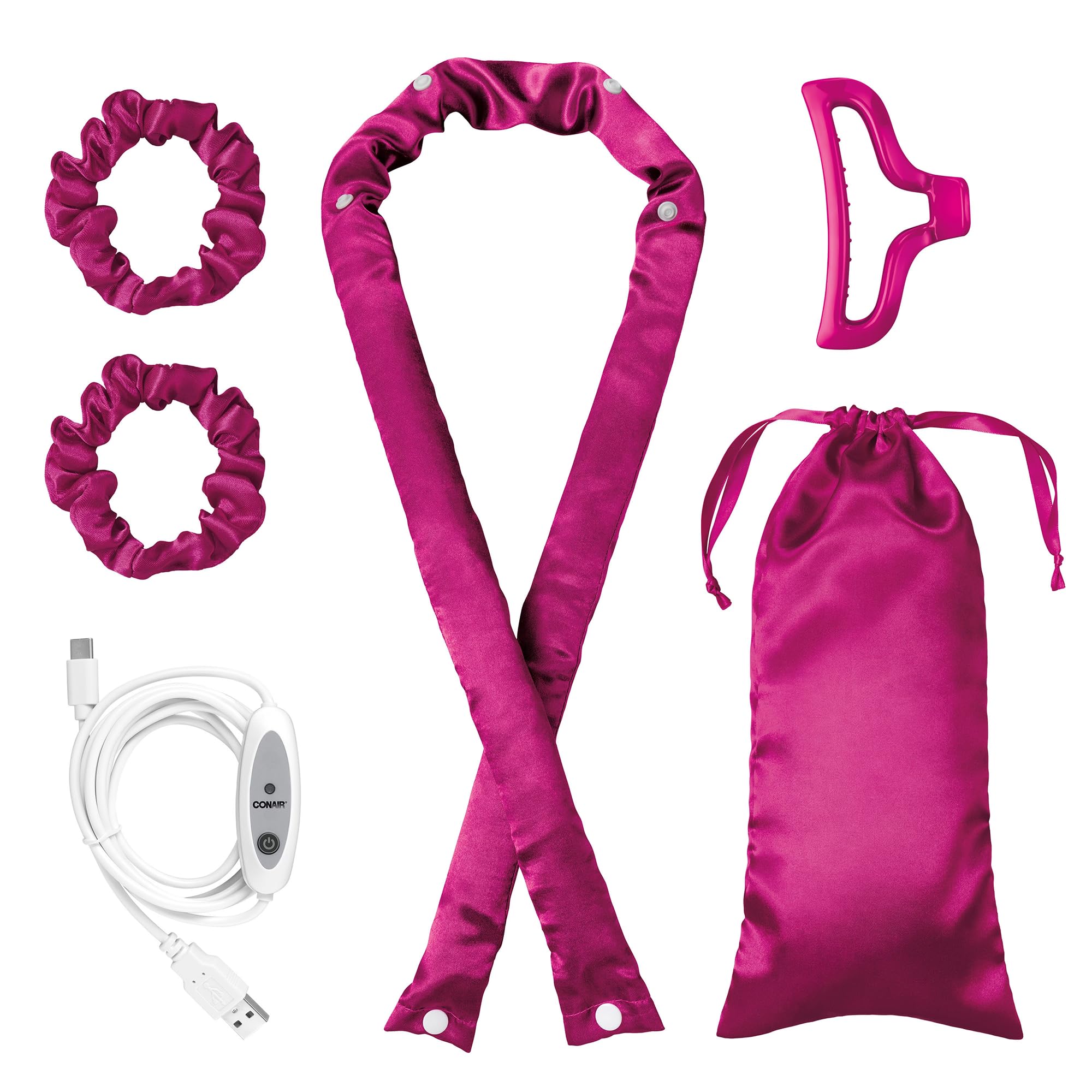 Conair 2-in-1 Heat & Heatless Hair Curler Set, Includes Satin Curling Ribbon, Claw Clip, 2 Scrunchies, USB Cord, and Satin Pouch, Pink