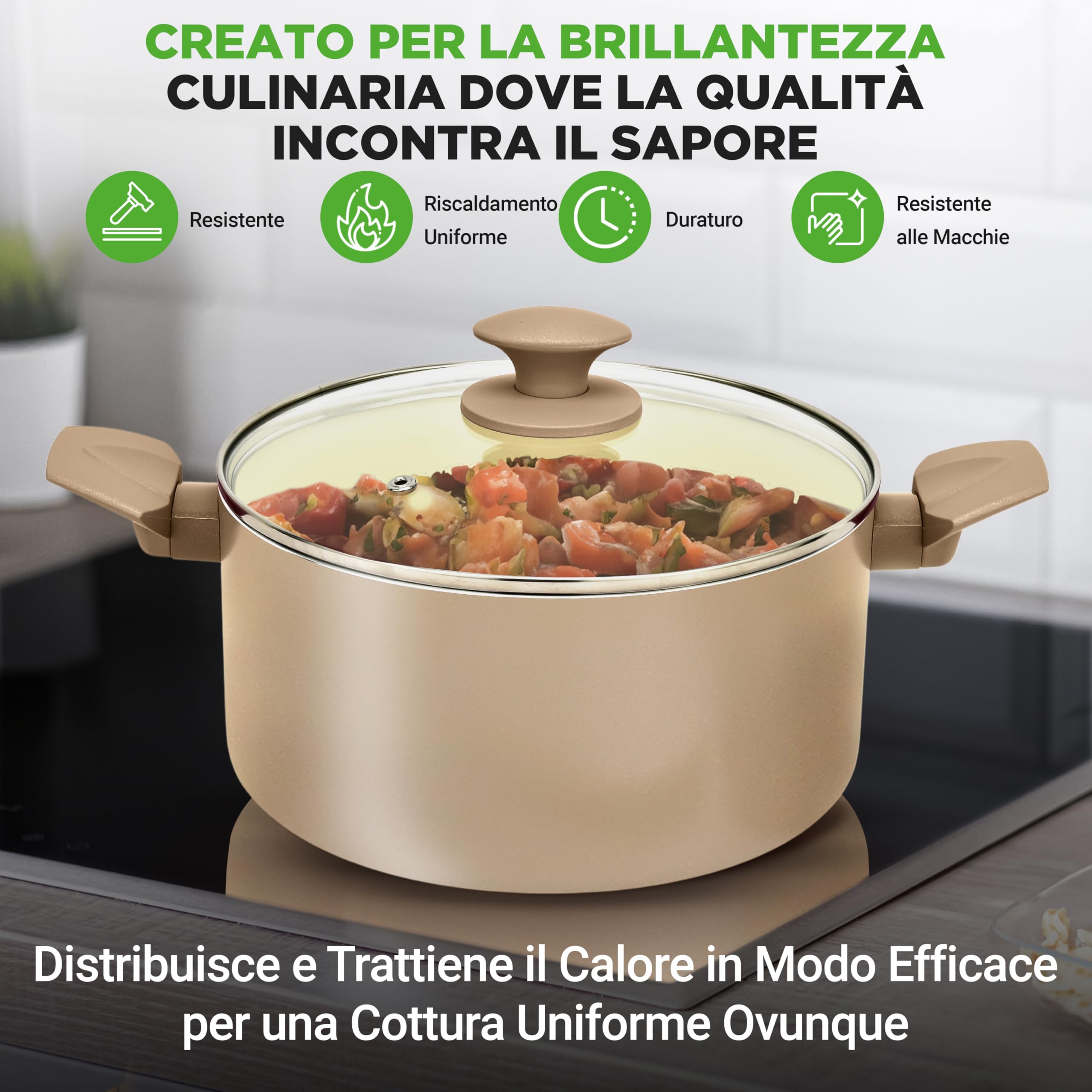 NutriChef Set 75 Pezzi con Pentole, Padelle e Teglie da Forno Antiaderenti in Ceramica, Coltelli, Utensili, Sicuro per Uso Alimentare, Crema/Marrone