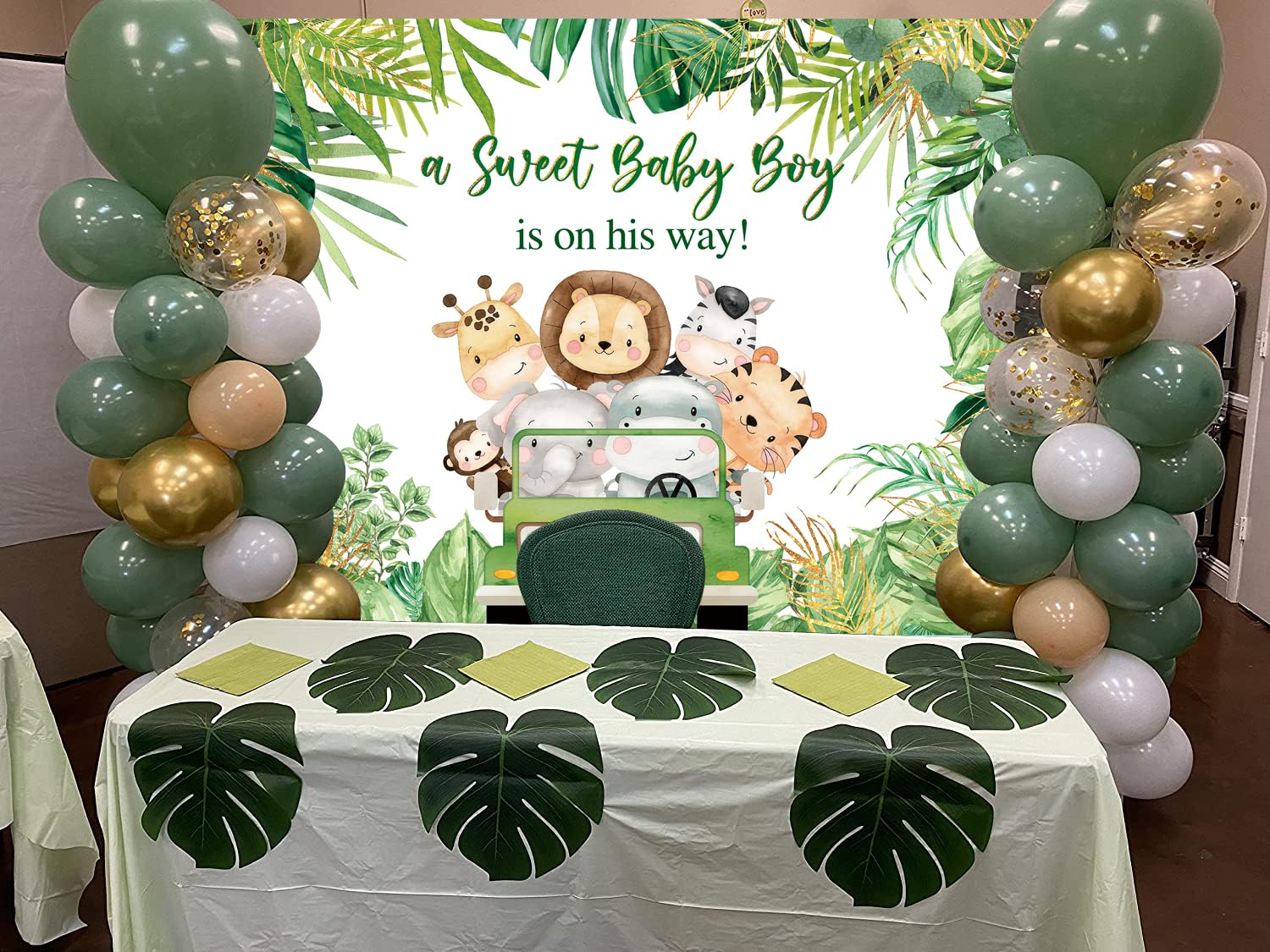 Jungle Animals Baby Shower Backdrop A Sweet Baby Boy is On His Way Photography Background Boys Baby Shower Photoshoot Wild Zoo Party Green Leaves Cake Table Decor 8x6FT - Image 4