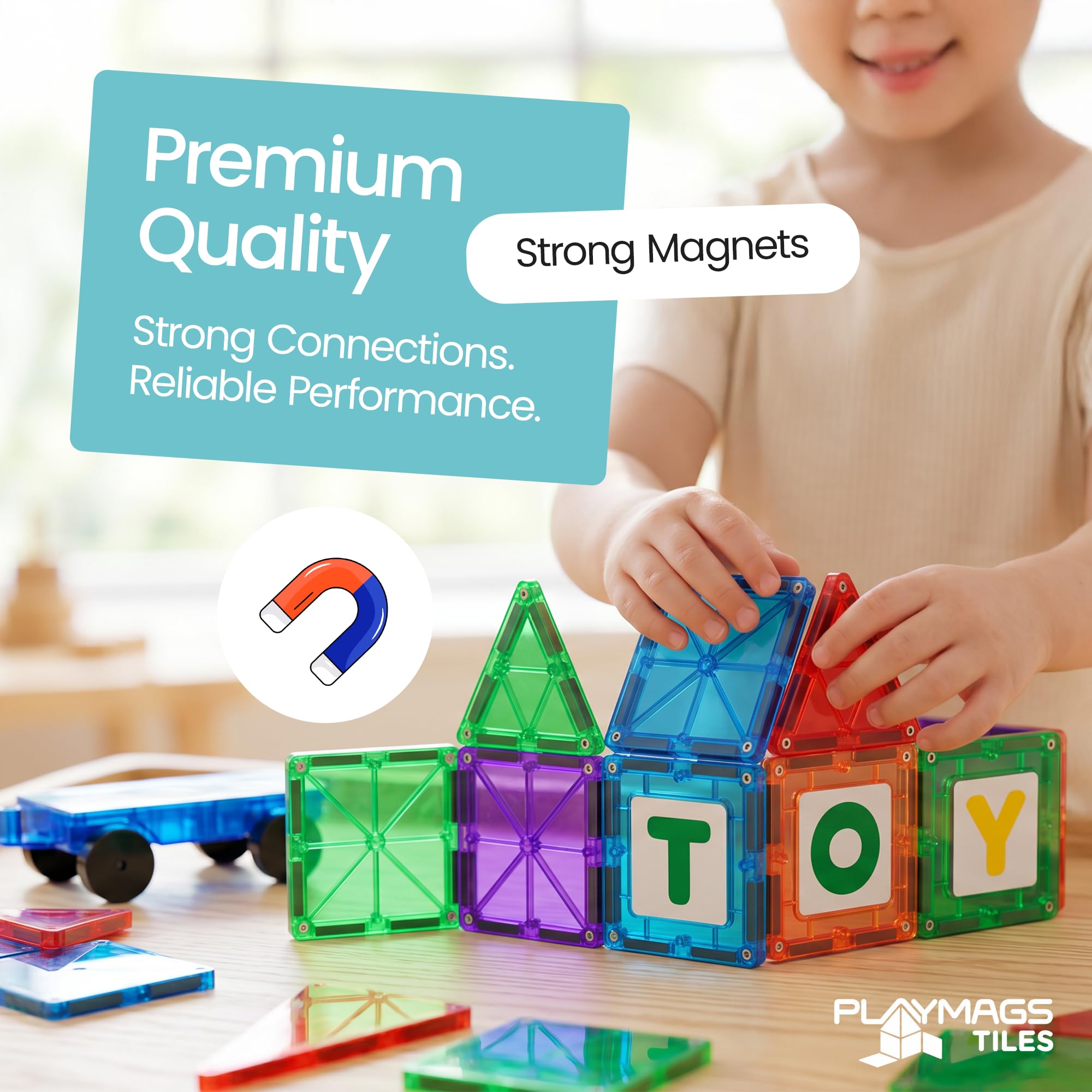 Playmags Magnetische Bausteine - Blocs De Construction Magnétiques Enfant Ensemble De 150 Mégas : Aimants Plus Puissants, Robustes, Super Durables avec des Carreaux De Couleur Clairs Et Transparents