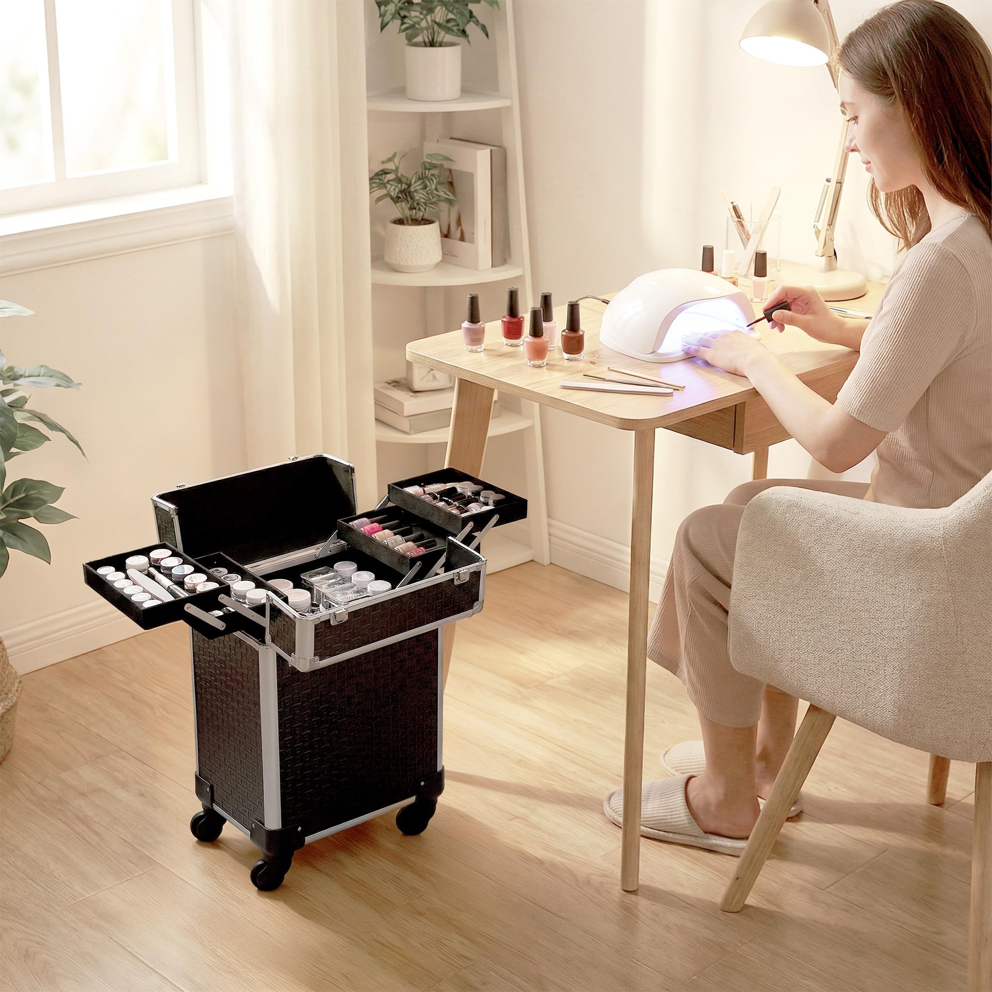HOMCOM Maleta de Maquillaje Profesional con Ruedas, Maletín de Maquillaje con Mango, 2 Bandejas, Compartimento Inferior, Cerradura y 2 Llaves, para Salón, Peluquería, Negro
