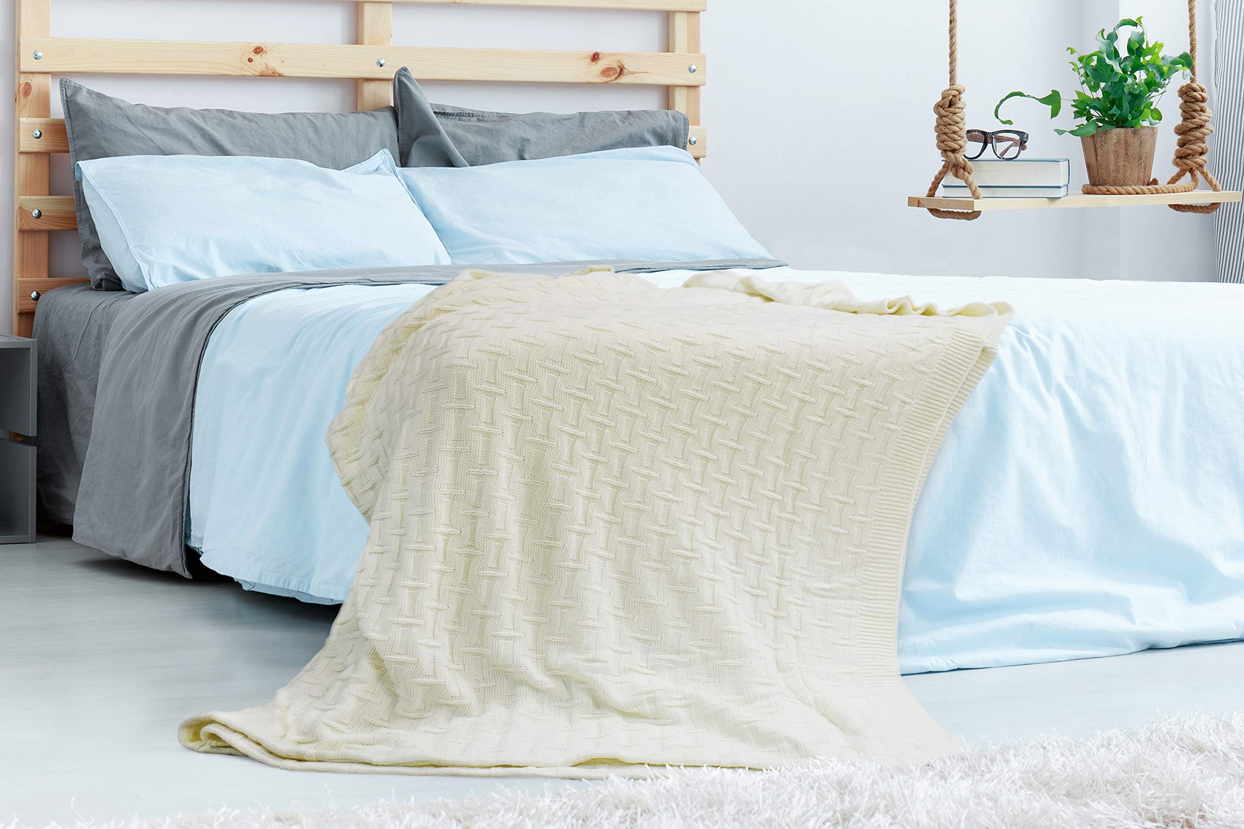 Briarwood HomePremium Luxury Acrylic Throw Blankets, Basket Weave, Durable and Lightweight, Soft, Washable, Warm and Cozy. Blanket for Bed & Couch - Queen 90"X90" Bedding Queen Off-white