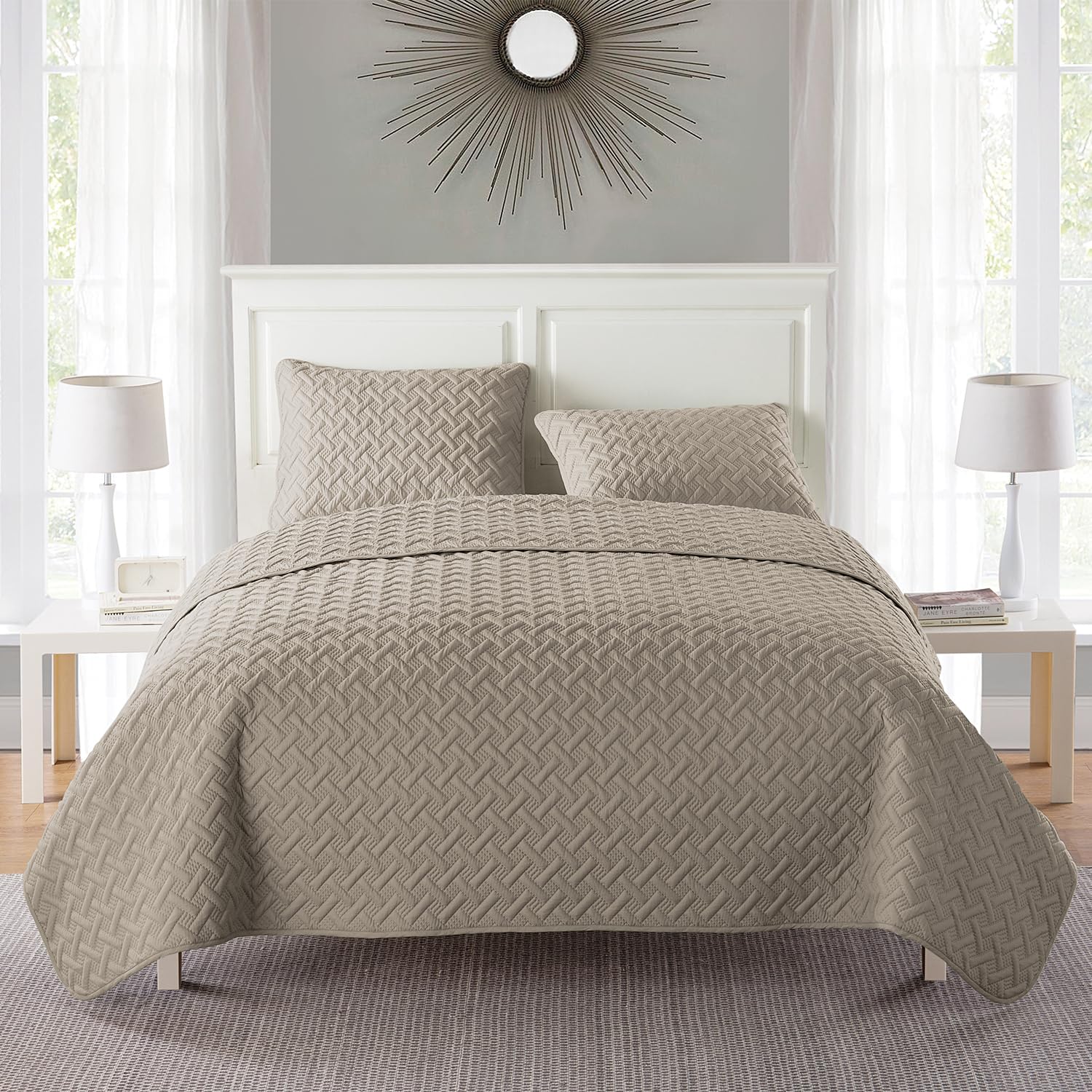 VCNY Home Twin Bed Quilt – 2-Piece Twin Comforter Alternative, Basketweave Bedspread Coverlet with Sham, All Season Bed Set (Nina, Taupe Bedding)