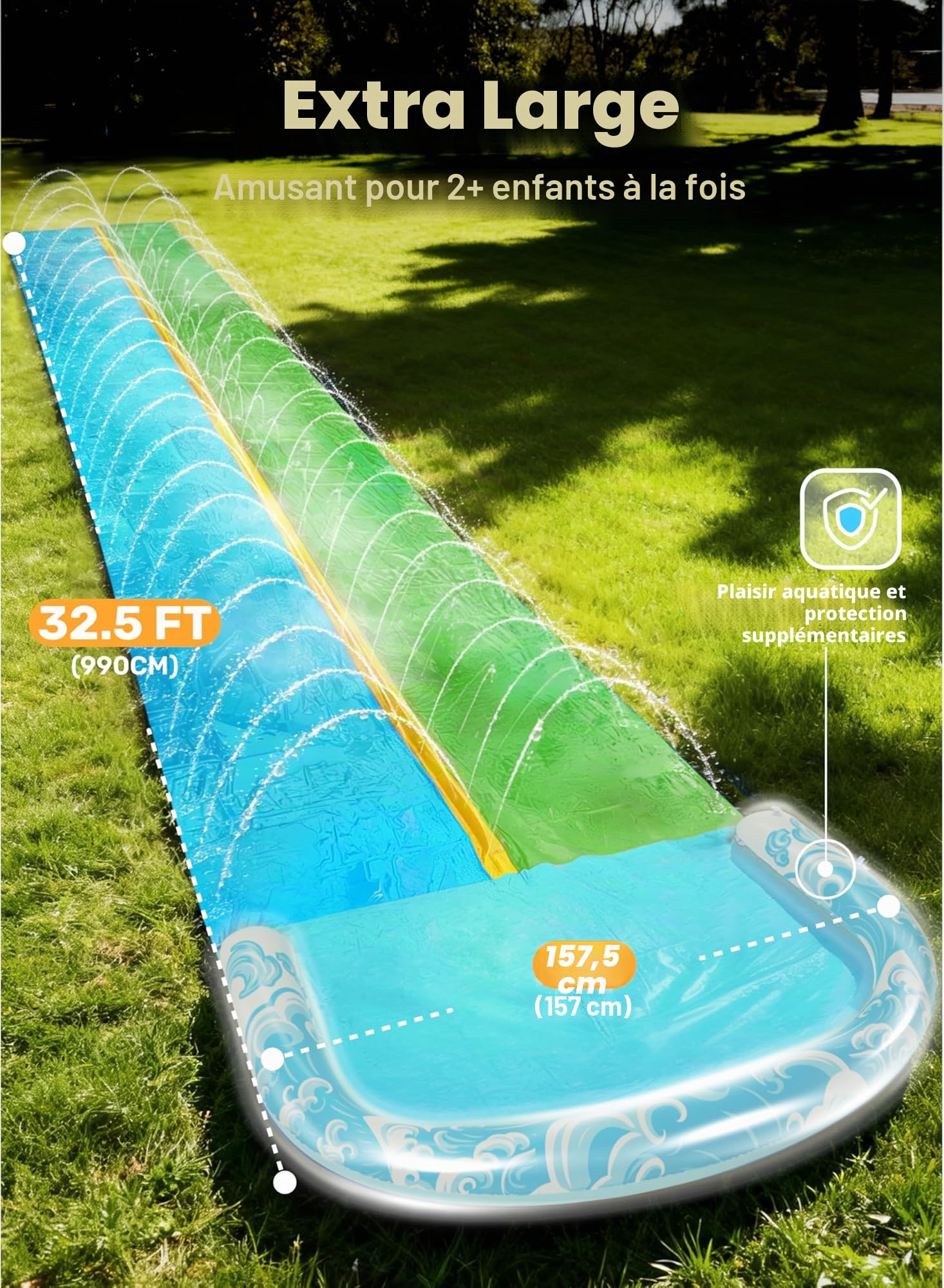 JOYIN Toboggan Aquatique de 32,5 pieds/990.6cm avec 2 Planches gonflables, Toboggan de pelouse Extra Long et résistant avec arroseur, Jouet d'été pour Enfants et Adultes, Bleu, Vert
