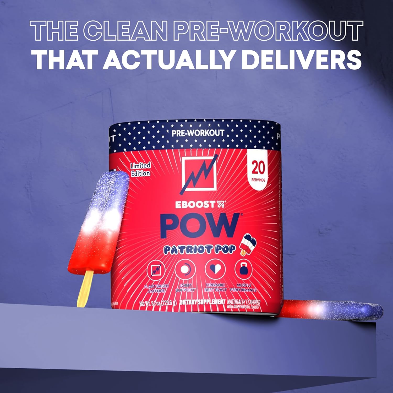 EBOOST POW Natural Pre Workout Powder - 20 Servings - Patriot Pop - Pre Workout Supplement for Performance, Joint Mobility Support, Energy, Focus - Men & Women - Non-GMO, Gluten-Free, No Creatine - Image 2