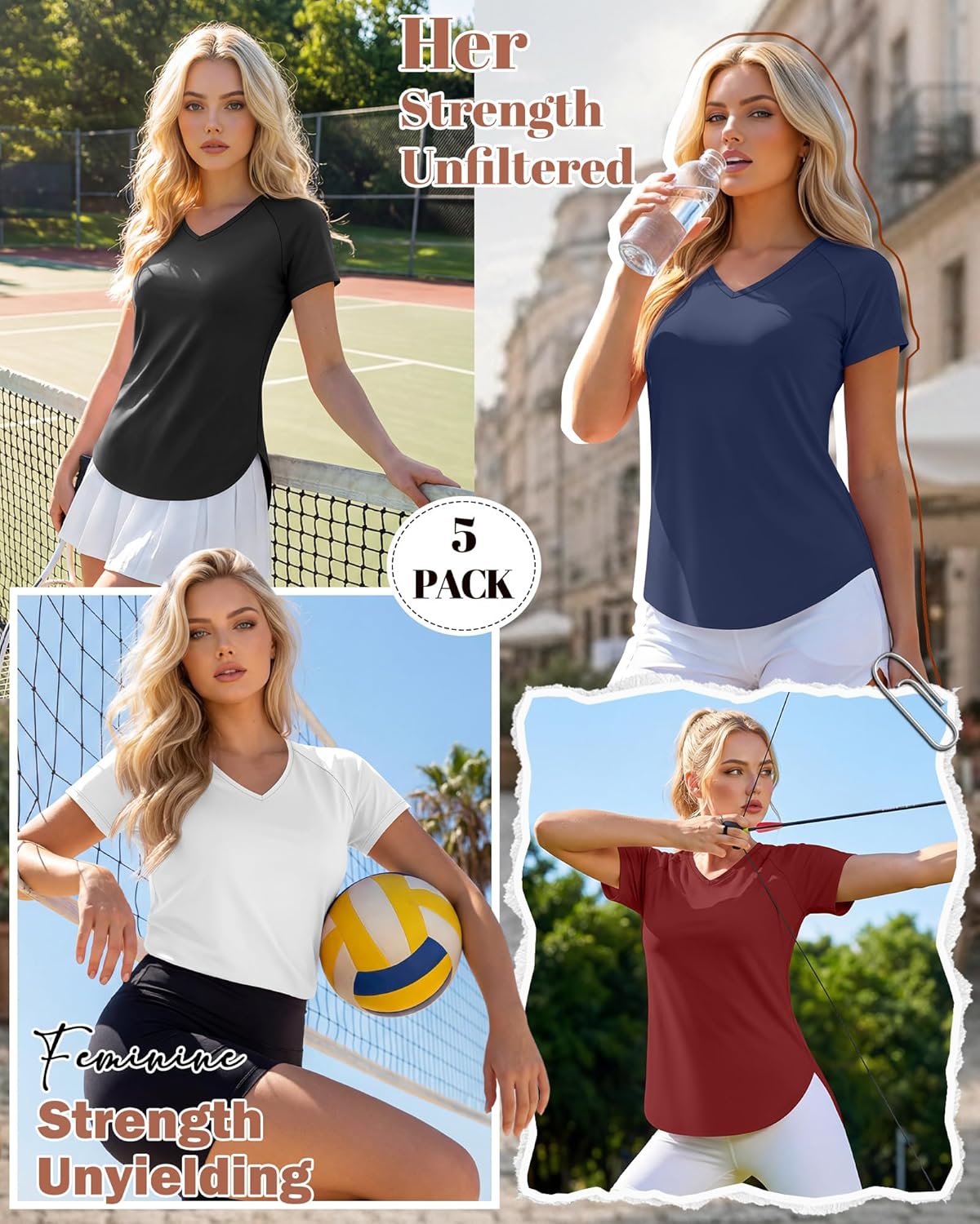 5 Pack Women Workout T-Shirts Quick Dry UPF 50+ Sun Protection Yoga Gym V Neck Raglan Tops Side Slits Curved Hem