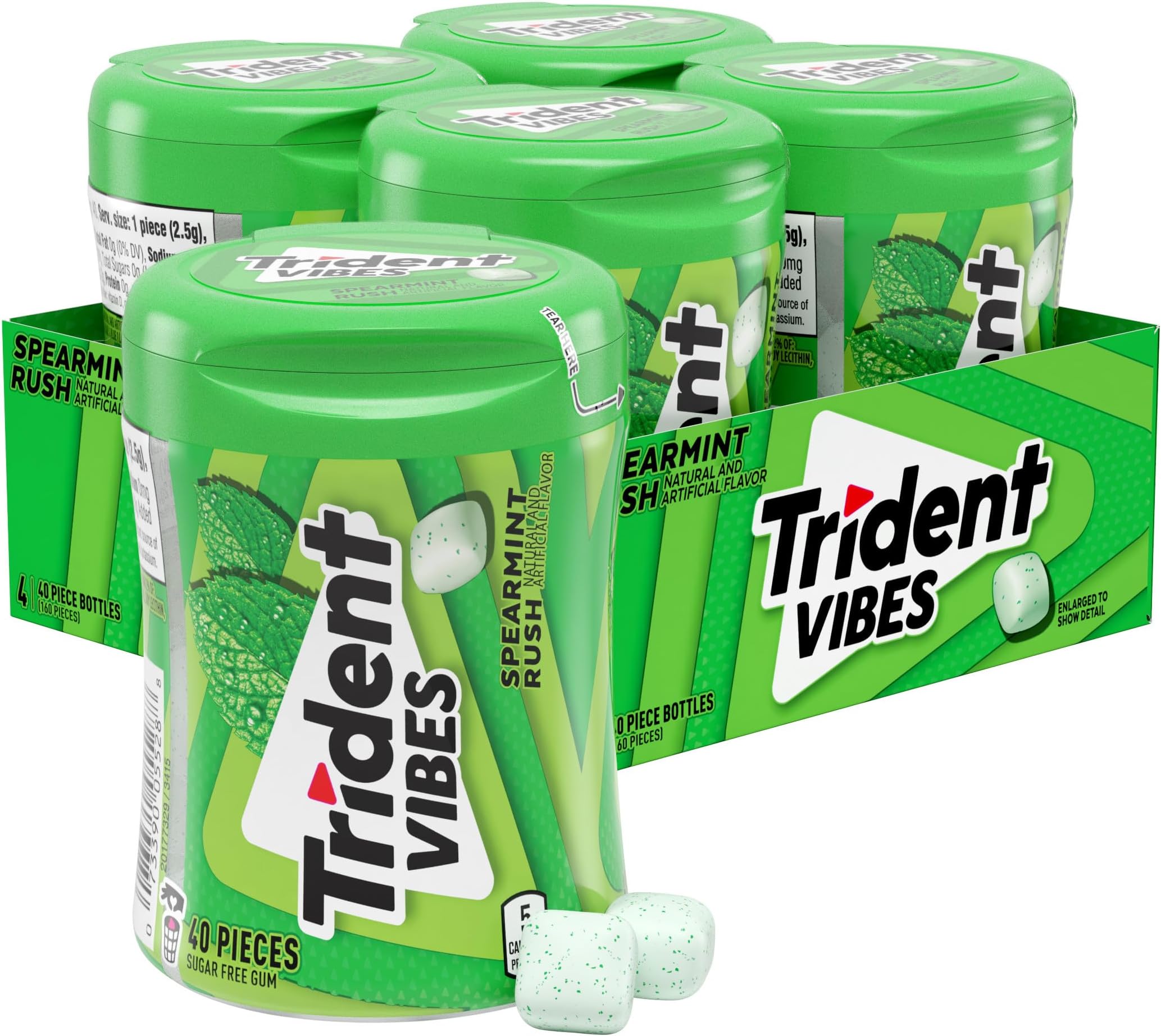 Vibes Spearmint Rush Sugar-Free Chewing Gum, 4 Bottles of 40 Pieces (160 Total Pieces)