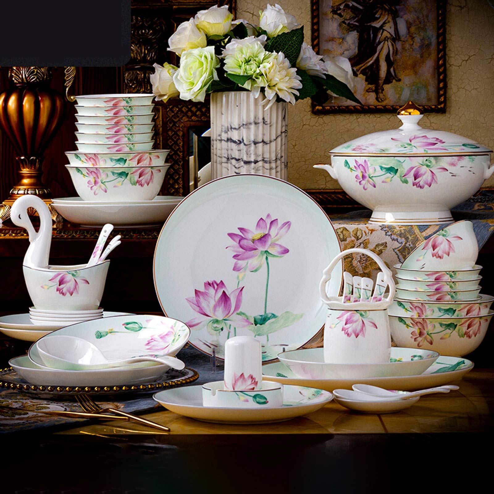 H3TF5J Zestaw zastawy stołowej w Chinach kości, 50-częściowy ceramiczny zestaw zastawy stołowej, rodzinne zebranie stołowe, ręcznie rysowane kunszt, parki domowe, prezenty ślubne