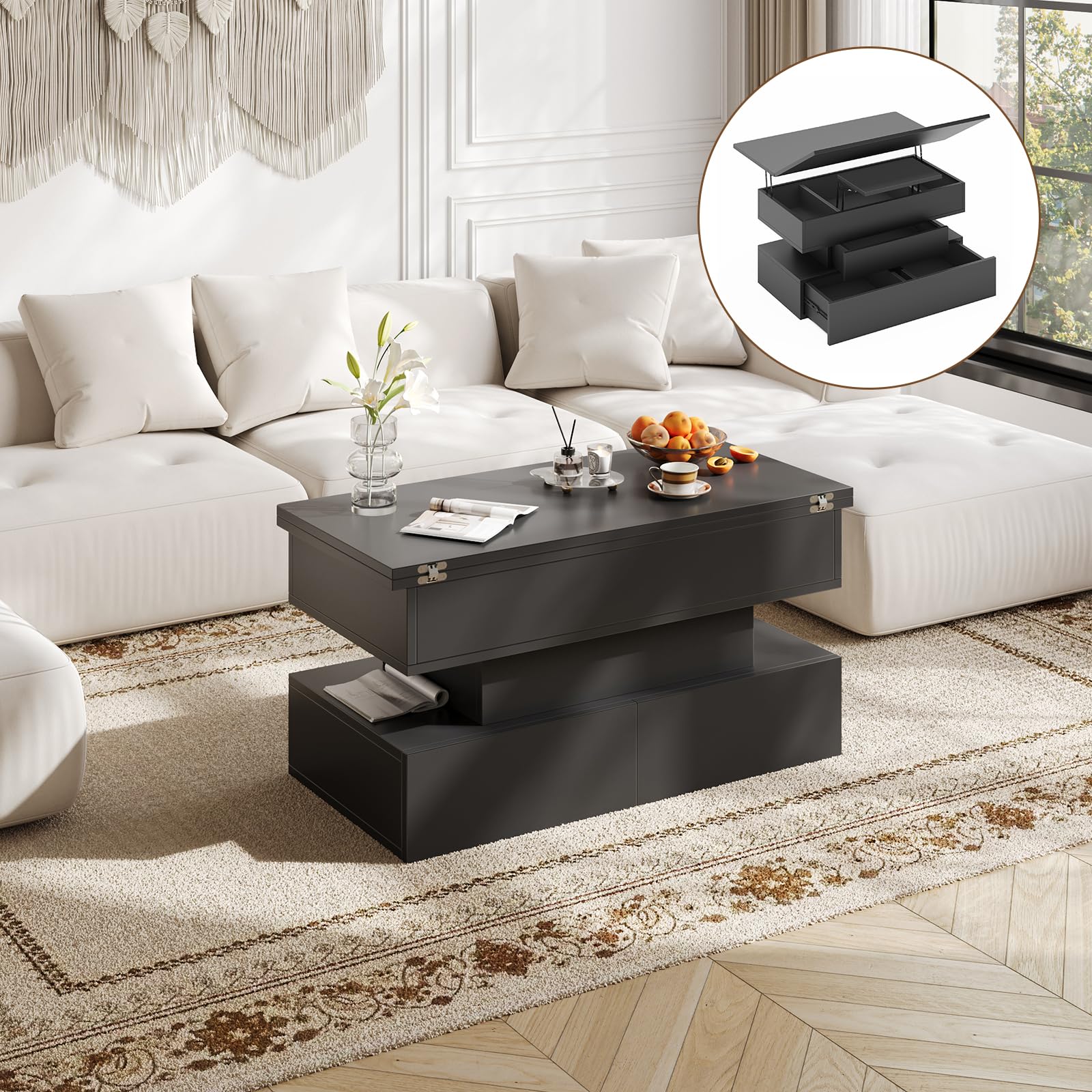 Mesa de Centro Elevable y Extensible, Mesa de Centro Salon con 3 Cajones y Espacio de Almacenamiento Oculto, Mesa de Café o Mesa de Comedor, Adecuada para Sala y Oficina, Negro