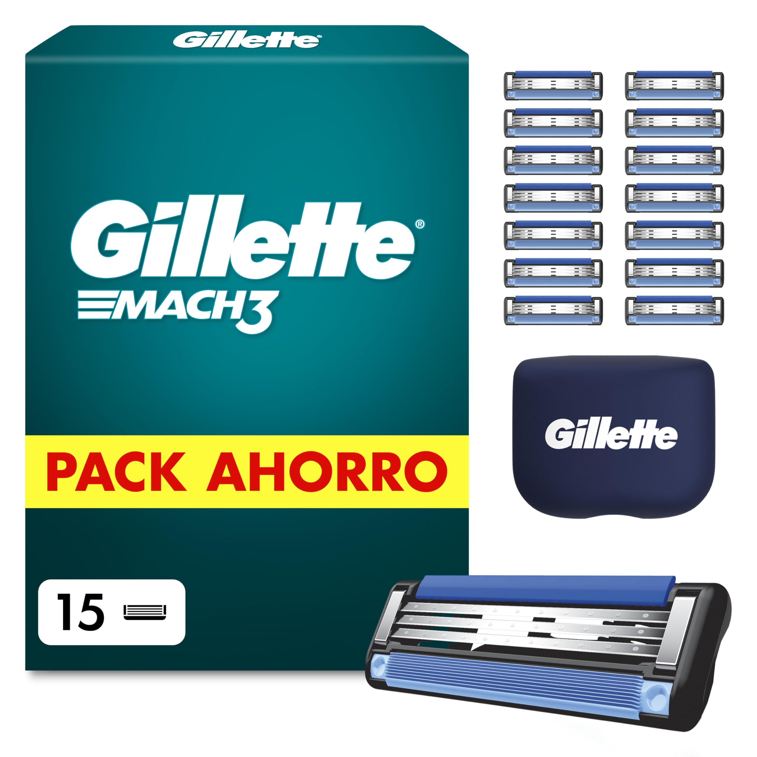 Gillette Mach3 Base Pack de 15 Recambios Para Maquinillas De Afeitar Para Hombre, Cuchillas de Afeitar Con 3 Hojas y Banda Lubricante, Compatible Con Todos Los Mangos Mach3