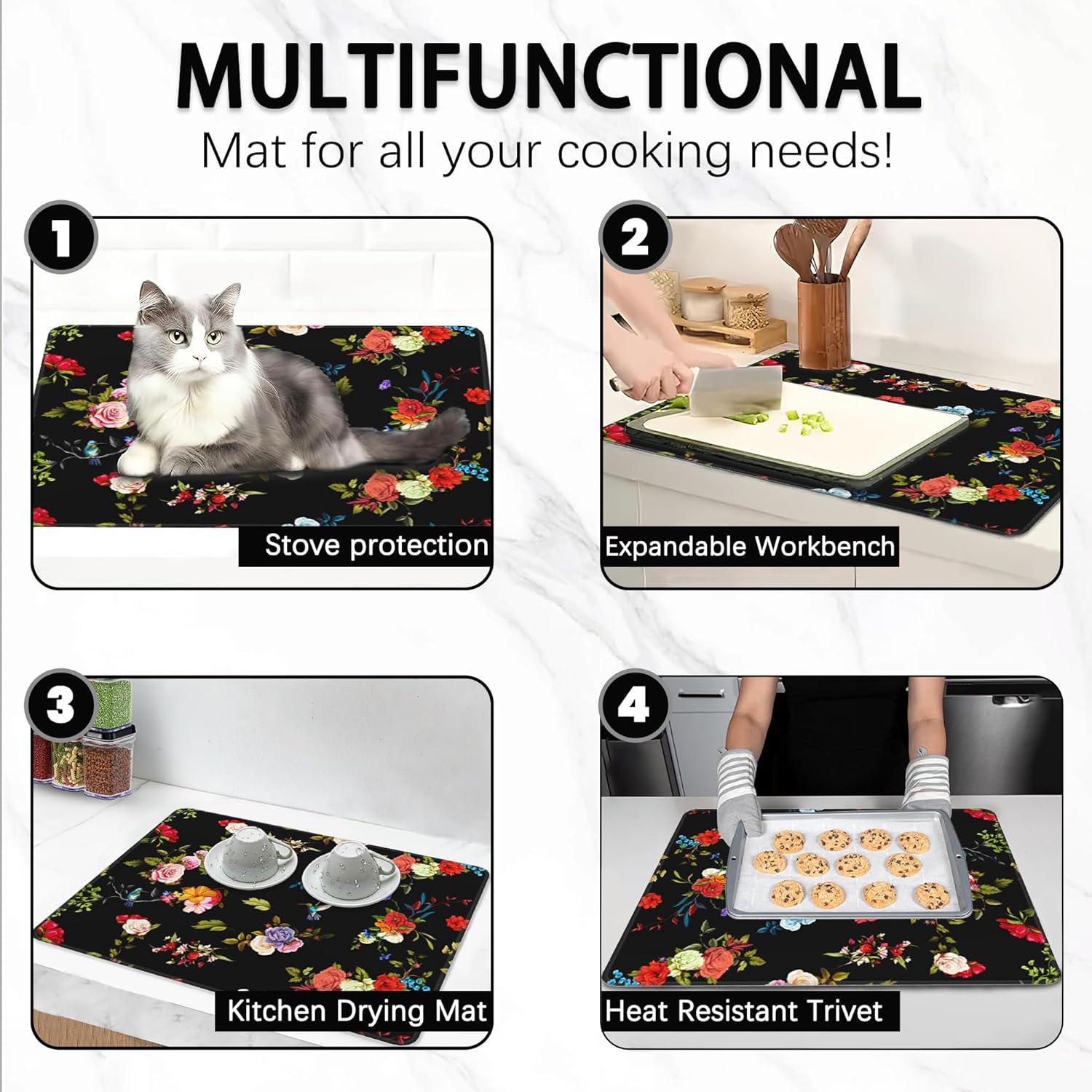 Electric Stove Top Cover Protector – Vintage Rose Flowers Glass Flat Top Stove Mat Oven Induction Cooktop Mat for Ceramic Countertop Mats Heat-Resistant Dish Drying Mat
