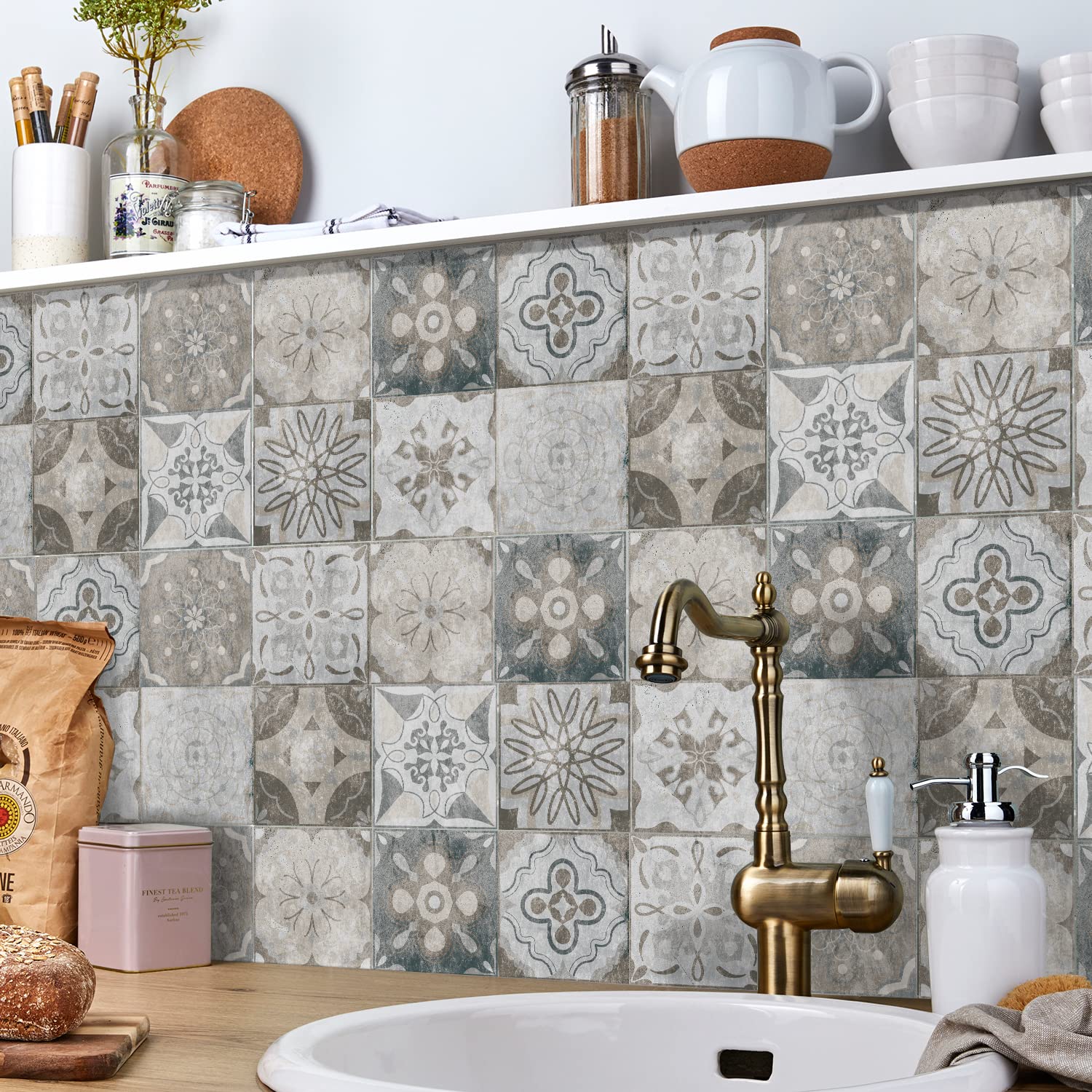 Victorian Grey Tile Stickers for Kitchen 10x10cm (4") 24 pcs Waterproof and Oil Proof Self Adhesive Wall Tiles for Bathroom Furniture Fireplace Surround Vinyl Decal
