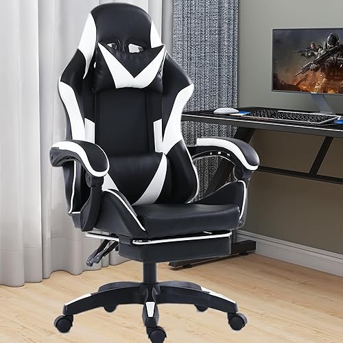 Echoamo Silla de juegos, silla de juegos con reposapiés y soporte lumbar, silla de oficina con asiento giratorio de 360, altura del asiento