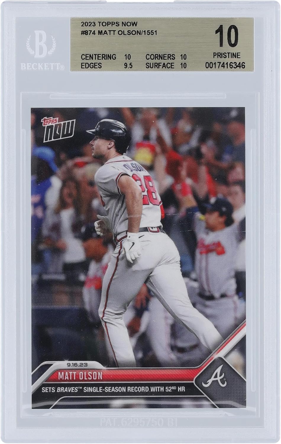 Matt Olson Atlanta Braves 2023 Topps Now Sets Braves Single Season Record with 52 HR #874 BGS Authenticated 10 Card - 10,10,9.5,10 Subgrades - Baseball Slabbed Rookie Cards