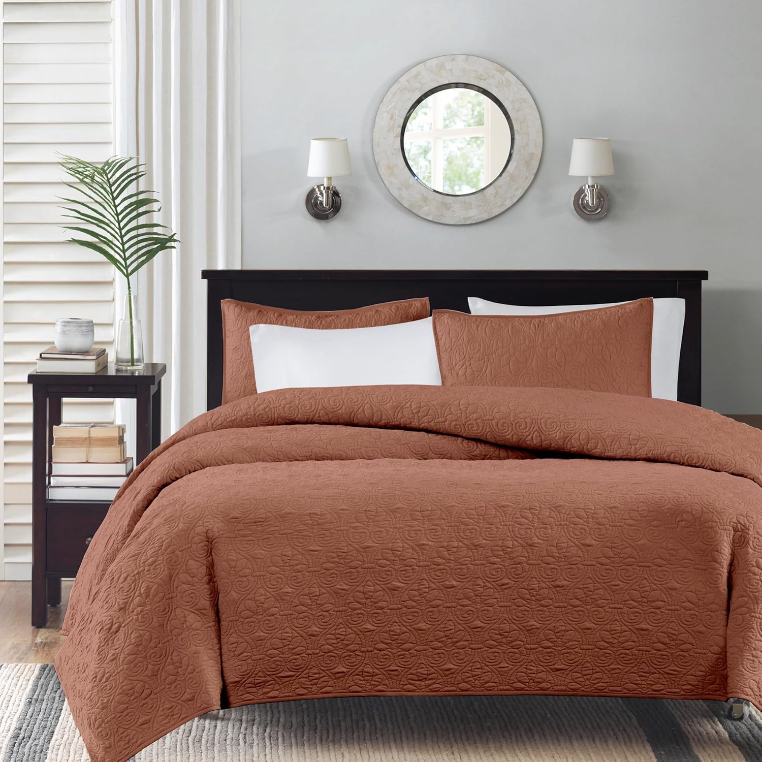 Madison Park Quilt Set Reversible Damask Quilted Coverlet for Size Bed, Cotton-Filled Quilts, All Season, Lofty & Warm Bedspread, Quebec, Clay Red 3 Piece