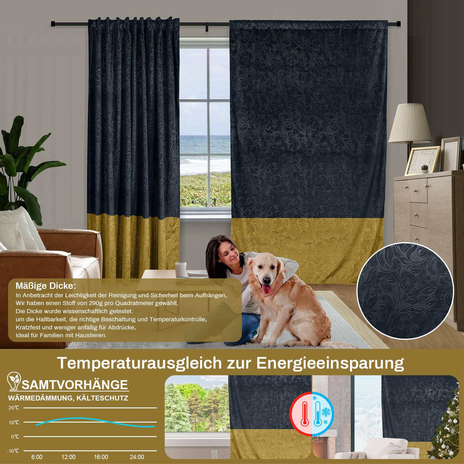 Samtvorhang Kräuselband 2er Set, H274xB132CM 260gsm Samt Verdunklungsvorhänge mit Blumenprägung, Multifunktionsband Blickdicht Gardinen Velvet für Wohnzimmer, Schlafzimmer(Schwarz und Gold)