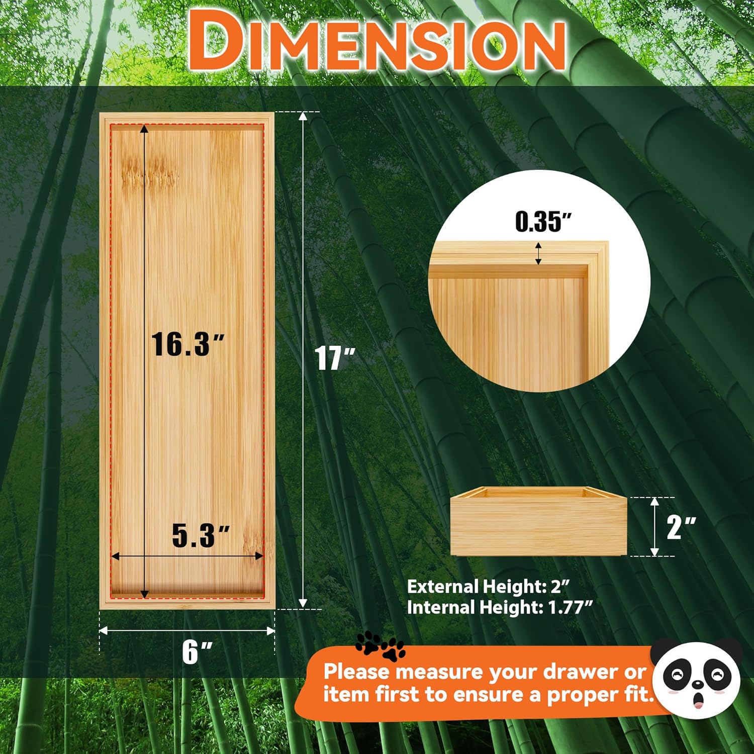 Lixple Bamboo Drawer Organizer for Kitchen & Bath, Extra Large Stackable Tray for Silverware, Toiletries & Utensils, 2 Pcs, 17" x 6" x 2" (Outer), 16.3" x 5.3" x 1.77" (Inner)