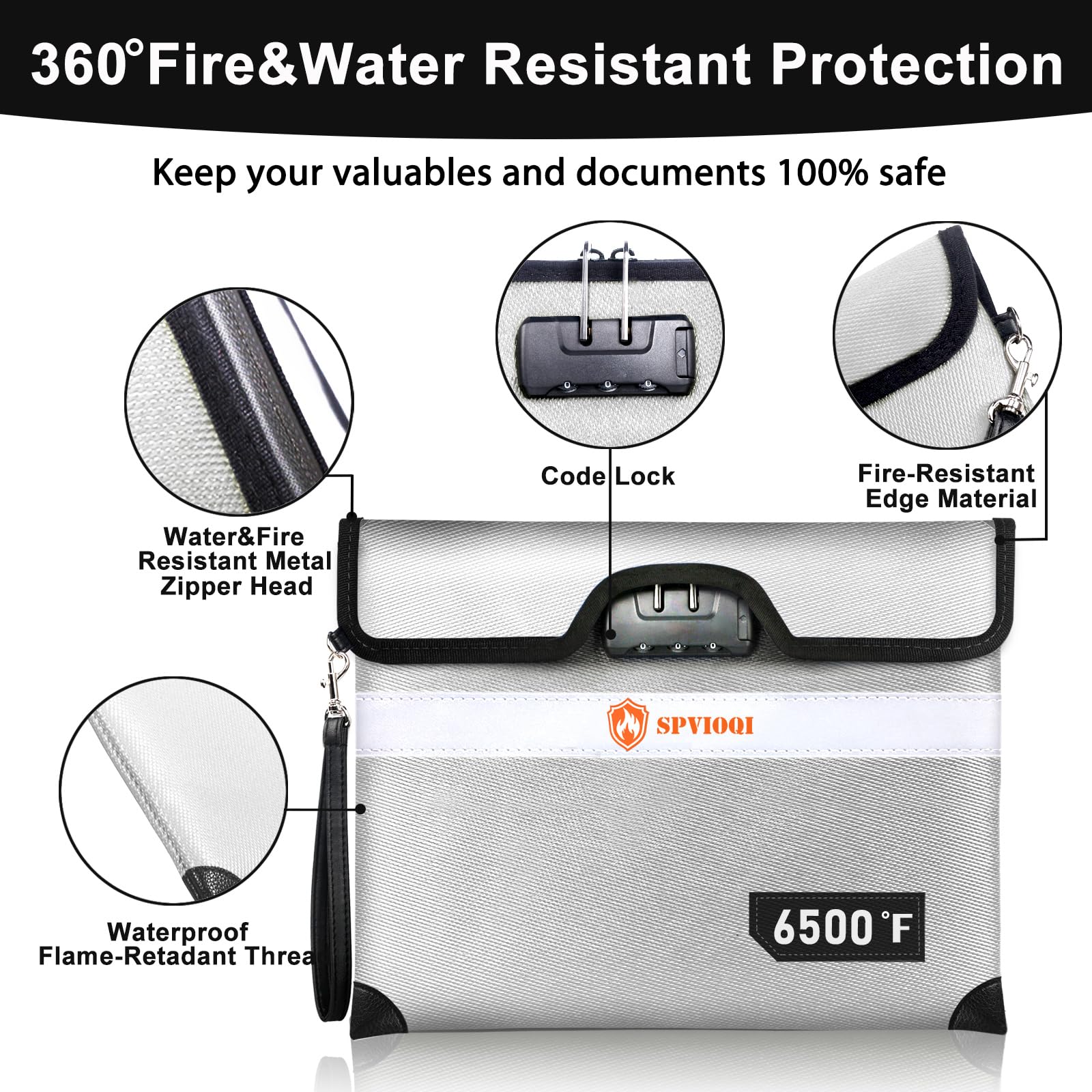 Feuerfeste Dokumententasche mit Schloss, feuerfeste Geldtasche für Bargeld mit Reißverschluss/Reflektorstreifen, 10 Schichten wärmeisolierter Materialien, wasserabweisend, feuerfeste Tasche für