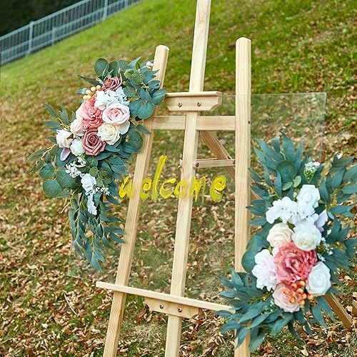 Miniatura 3 de AitnWoy Kit de flores artificiales para arco de boda, 2 unidades, flores de rosas de seda, peonía de seda, letrero de bienvenida para ceremonia de