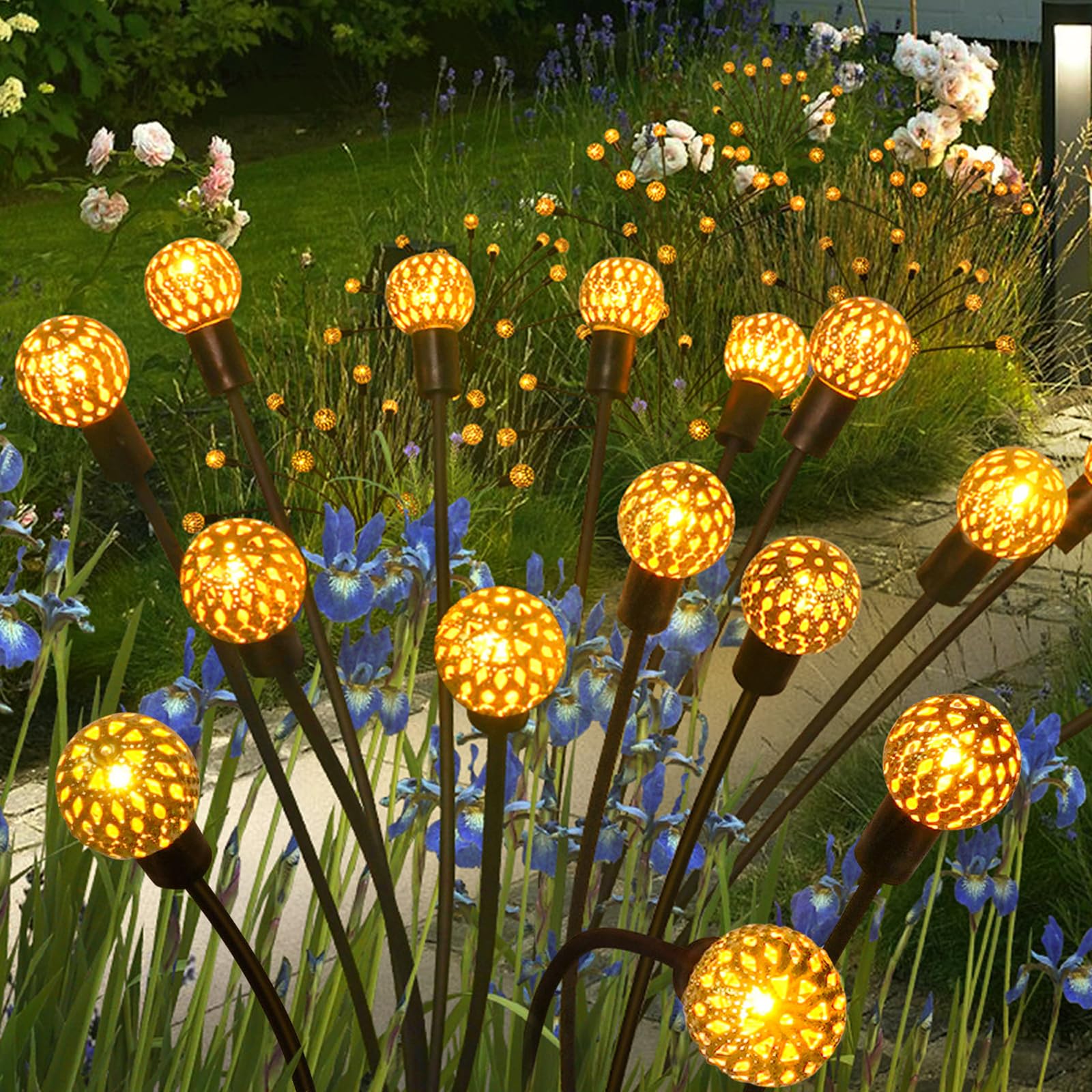 4 Pack 48 Big LEDs Solar Garden Lights-Firefly Lights Solar Outdoor Waterproof-2 Lighting Mode Swaying Solar Landscape Lights, Sway By Wind-Warm White Moroccan Orb Solar Pathway Lights For Yard