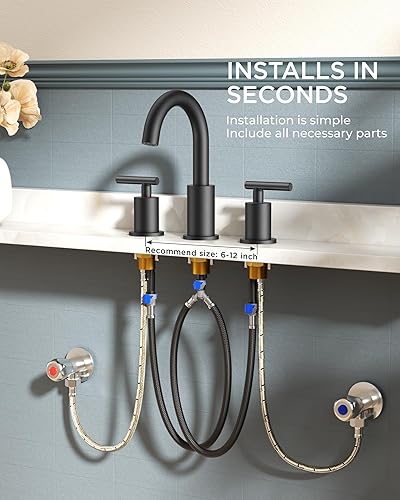 Miniatura 9 de FORIOUS Grifo de baño negro de 3 agujeros, 8 pulgadas, grifo de lavabo de baño negro mate generalizado con boquilla giratoria de 360, adecuado para