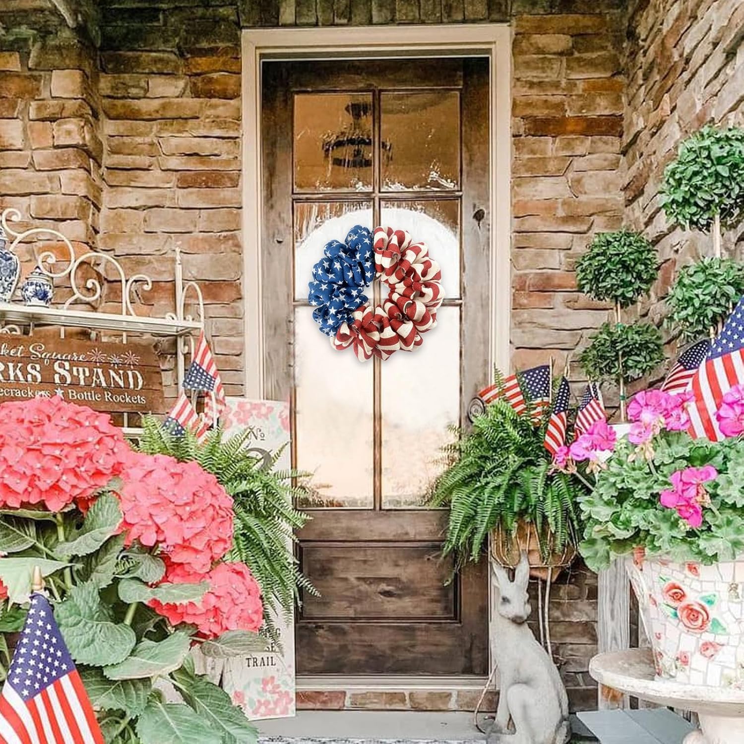 13 Inch Patriotic Burlap Wreath, 4th of July Summer Burlap Stripe and Stars Printed Wreath for The Front Door, Handcrafted Memorial Day American Flag Printed Home Decor for Indoor and Outdoor