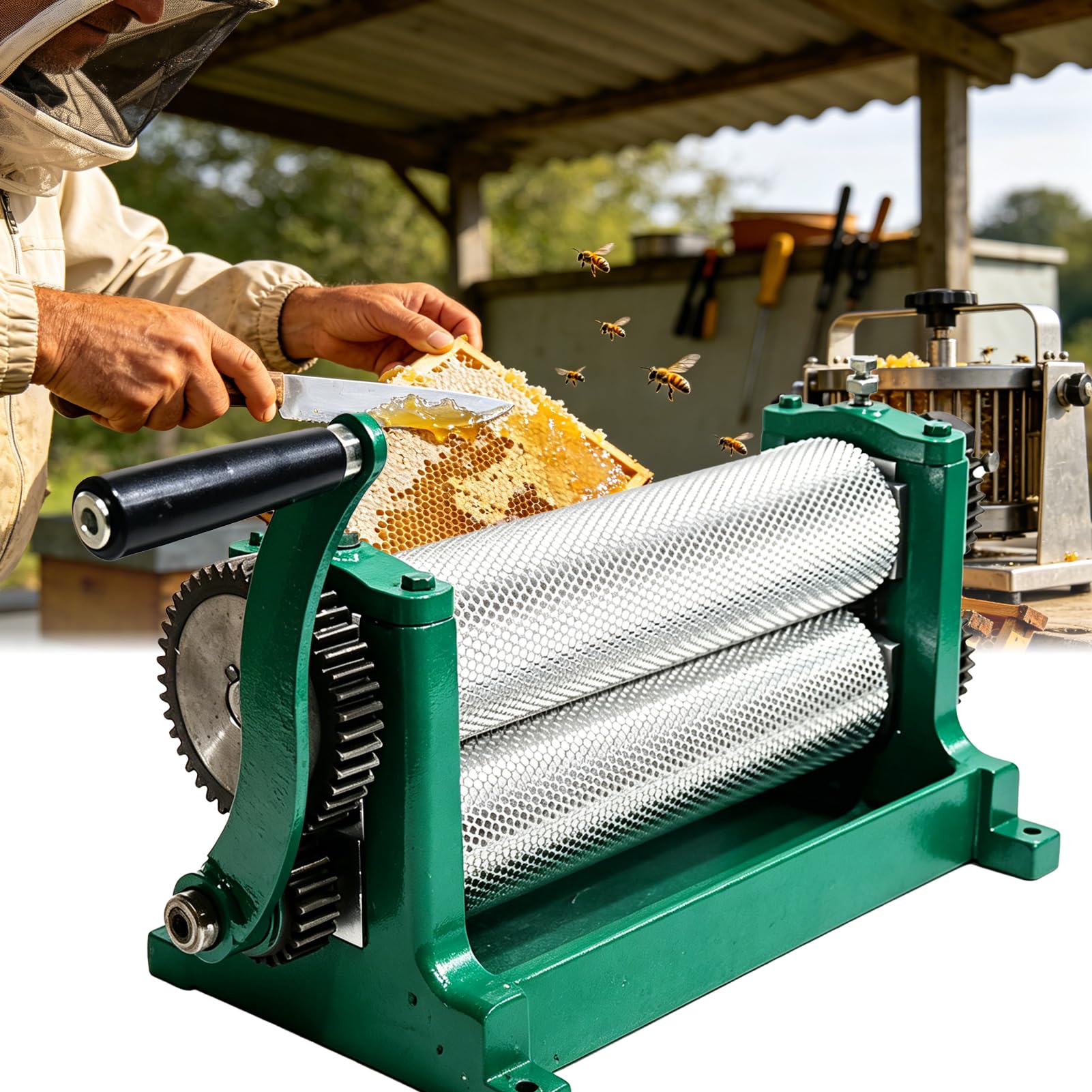 AVSMGP Manuelle Walzenmühle für Bienenwachs-Mittelwände, Mittelwandmühle mit gravierten Walzen zur Herstellung von Bienenwaben/Bienenwachs/Walzmaschine/Prägemaschine