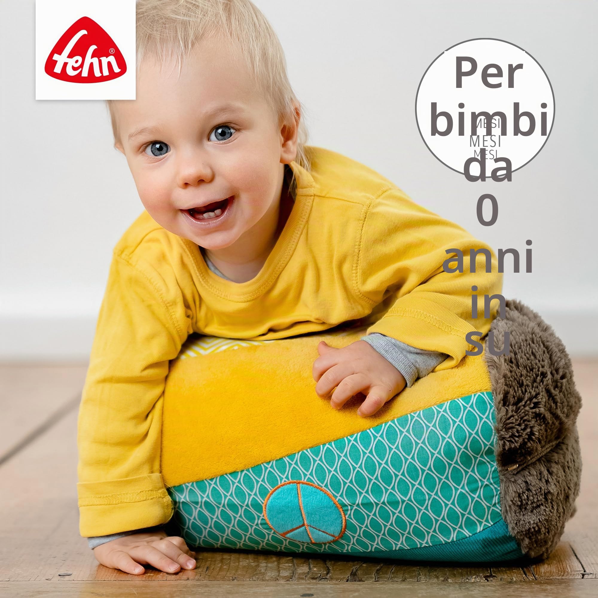 Fehn 066326 Leone, rullo per gattonare, supporto per gattonare accompagnati dal simpatico leone, per neonati e bambini dai 6 mesi in su, dimensioni: 22 x 34 cm