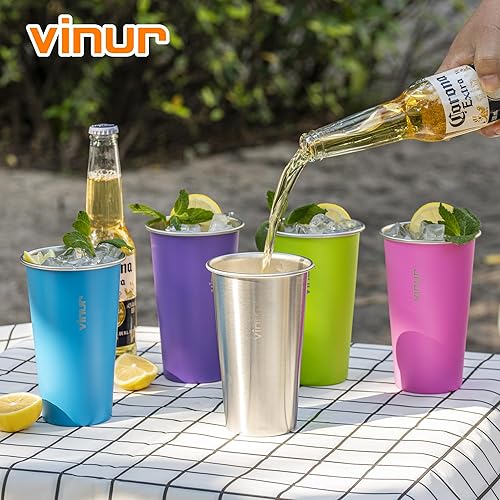 Miniatura 8 de VINUR Vasos de acero inoxidable de 20 onzas, paquete de 4 vasos apilables de metal para viajes, campamento, exteriores (azul cielo, naranja, rosa