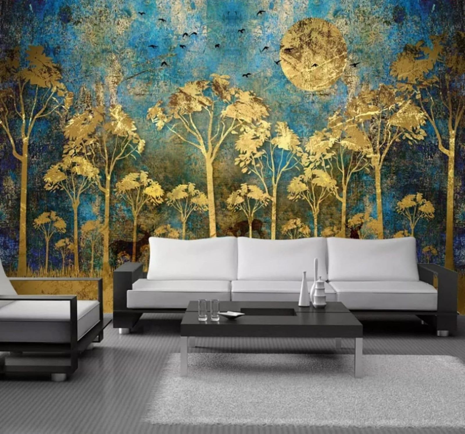 XLMING Abstract Gold Forest Birds Reindeer 3D Wallpaper Luxury Home Dining Decor Paste Sofa Living Room The Wall for Bedroom Mural-150cm×105cm