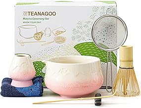 TEANAGOO Matcha Kit Rose 7 pièces, Fouet Matcha, ensemble pour préparer un latte au matcha, ensemble pour fouetter le matcha avec bol, cuillère et tamis, bol en céramique Fuji Design